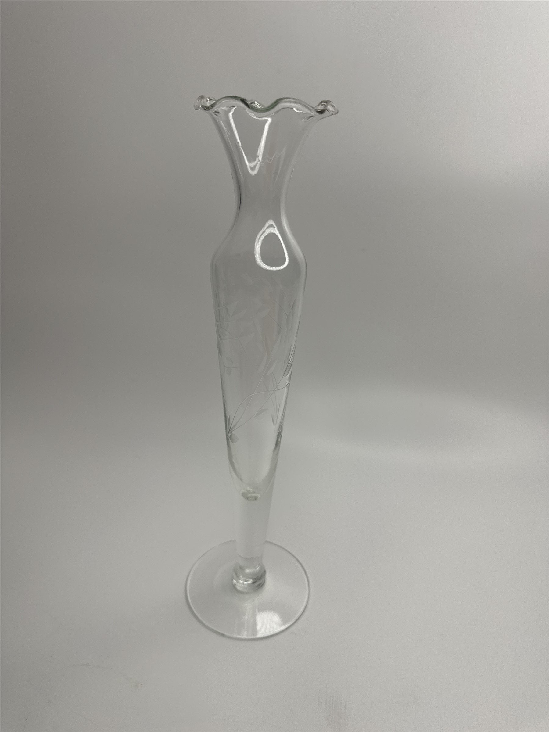 Clear Glass Etched Floral Pattern Footed Glass Bud Vase 10" Tall