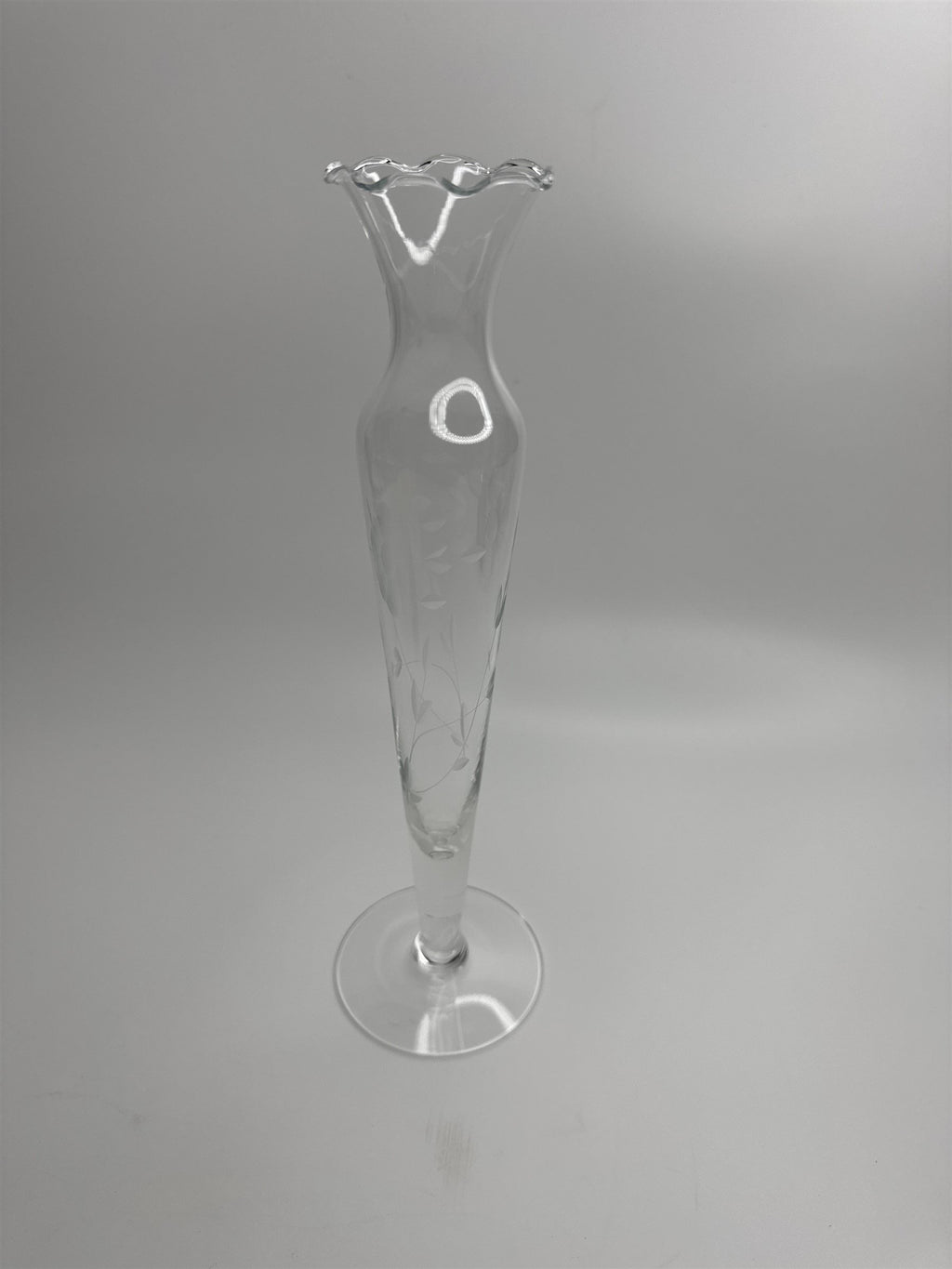 Clear Glass Etched Floral Pattern Footed Glass Bud Vase 10" Tall