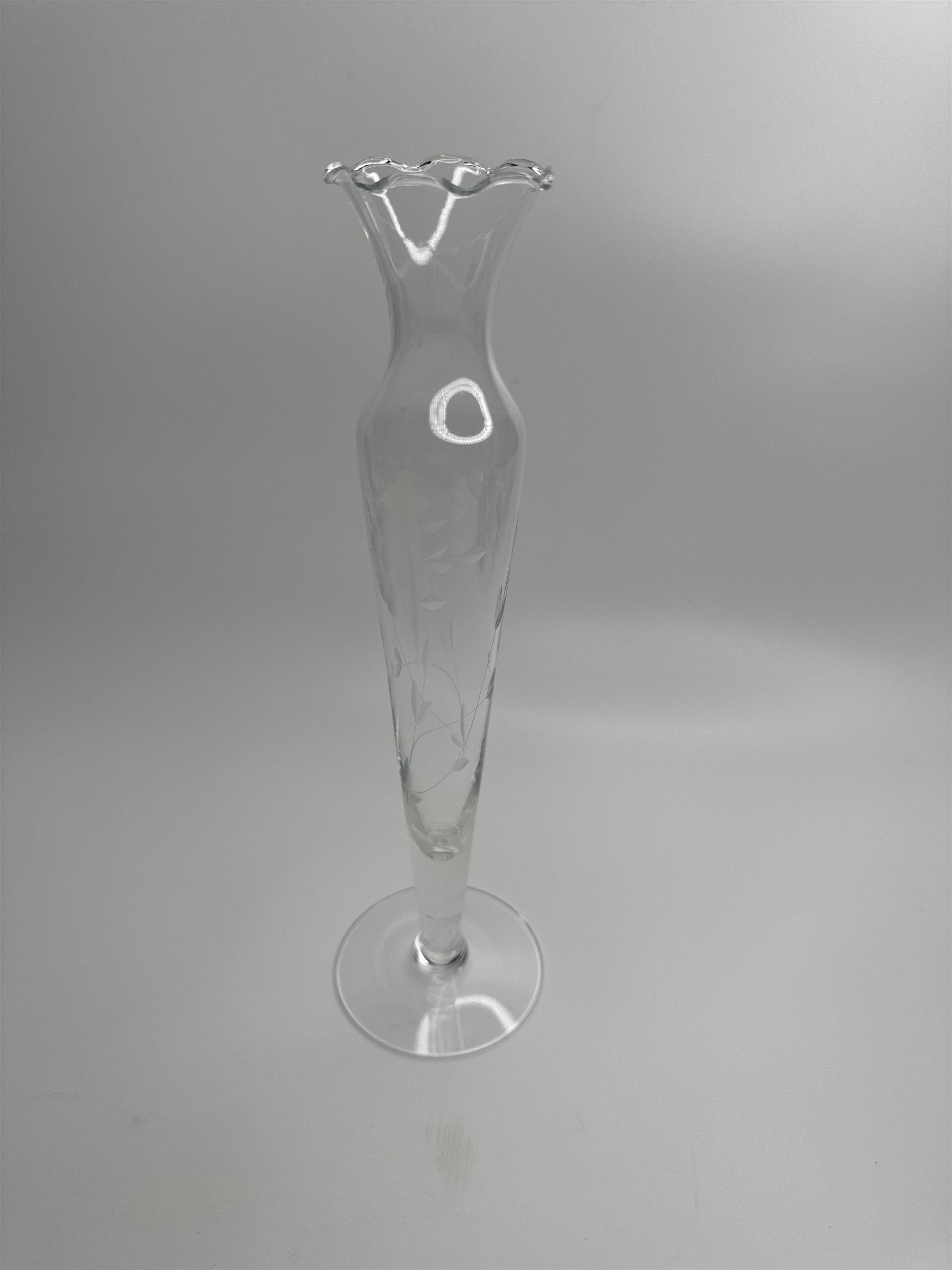 Clear Glass Etched Floral Pattern Footed Glass Bud Vase 10" Tall