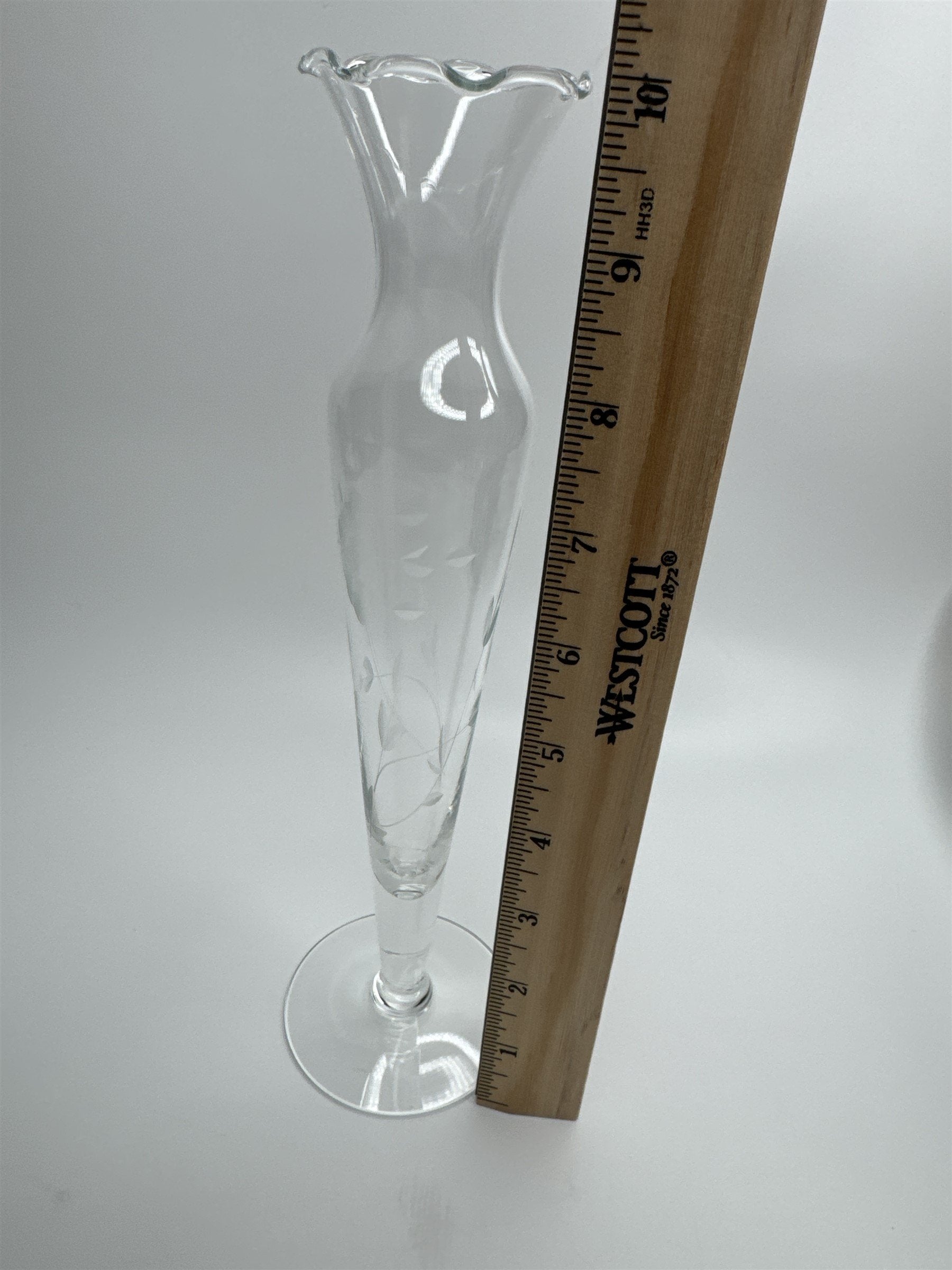 Clear Glass Etched Floral Pattern Footed Glass Bud Vase 10" Tall