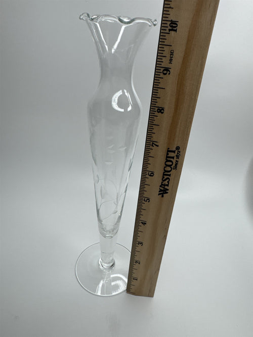 Clear Glass Etched Floral Pattern Footed Glass Bud Vase 10" Tall