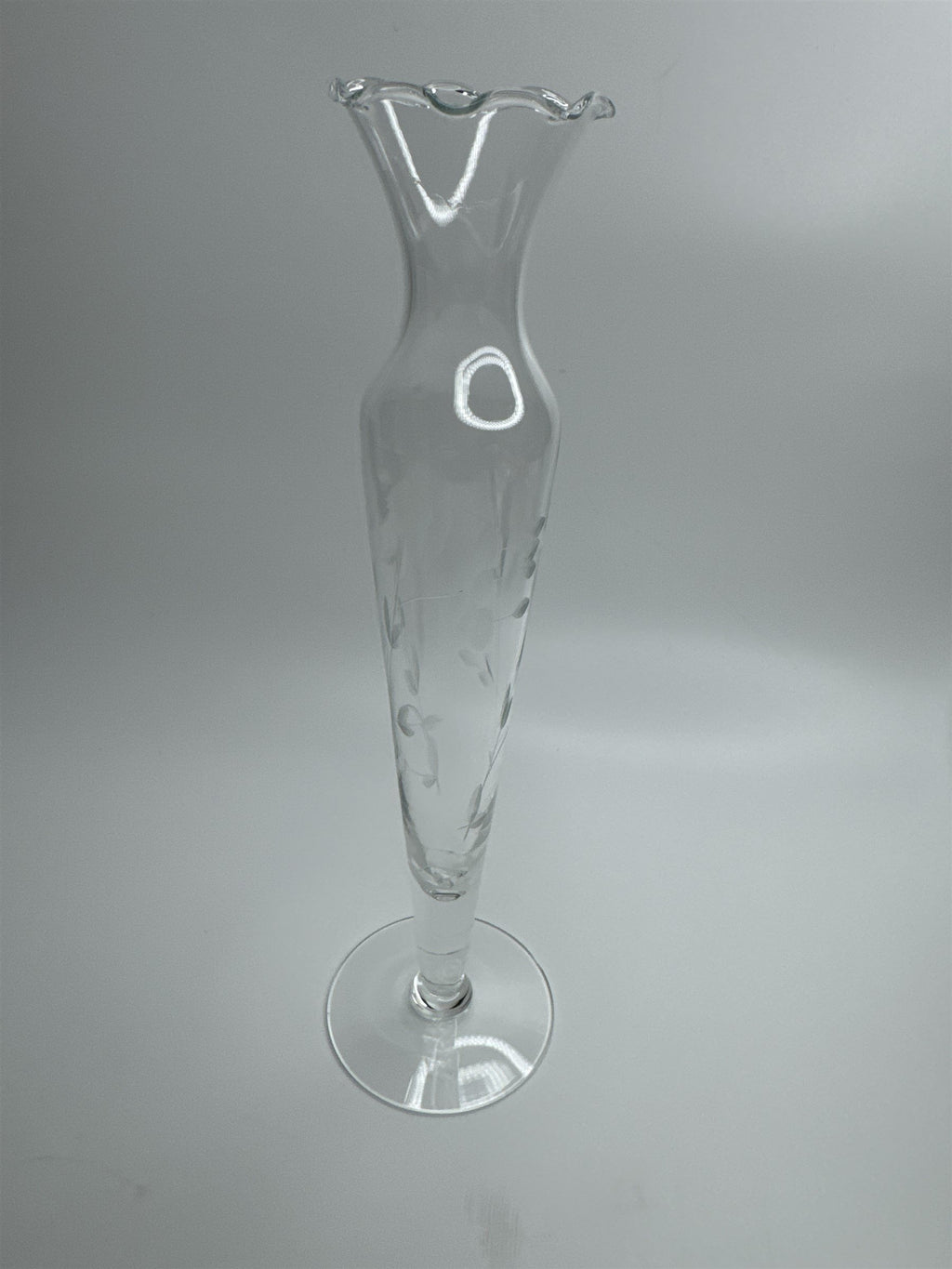 Clear Glass Etched Floral Pattern Footed Glass Bud Vase 10" Tall