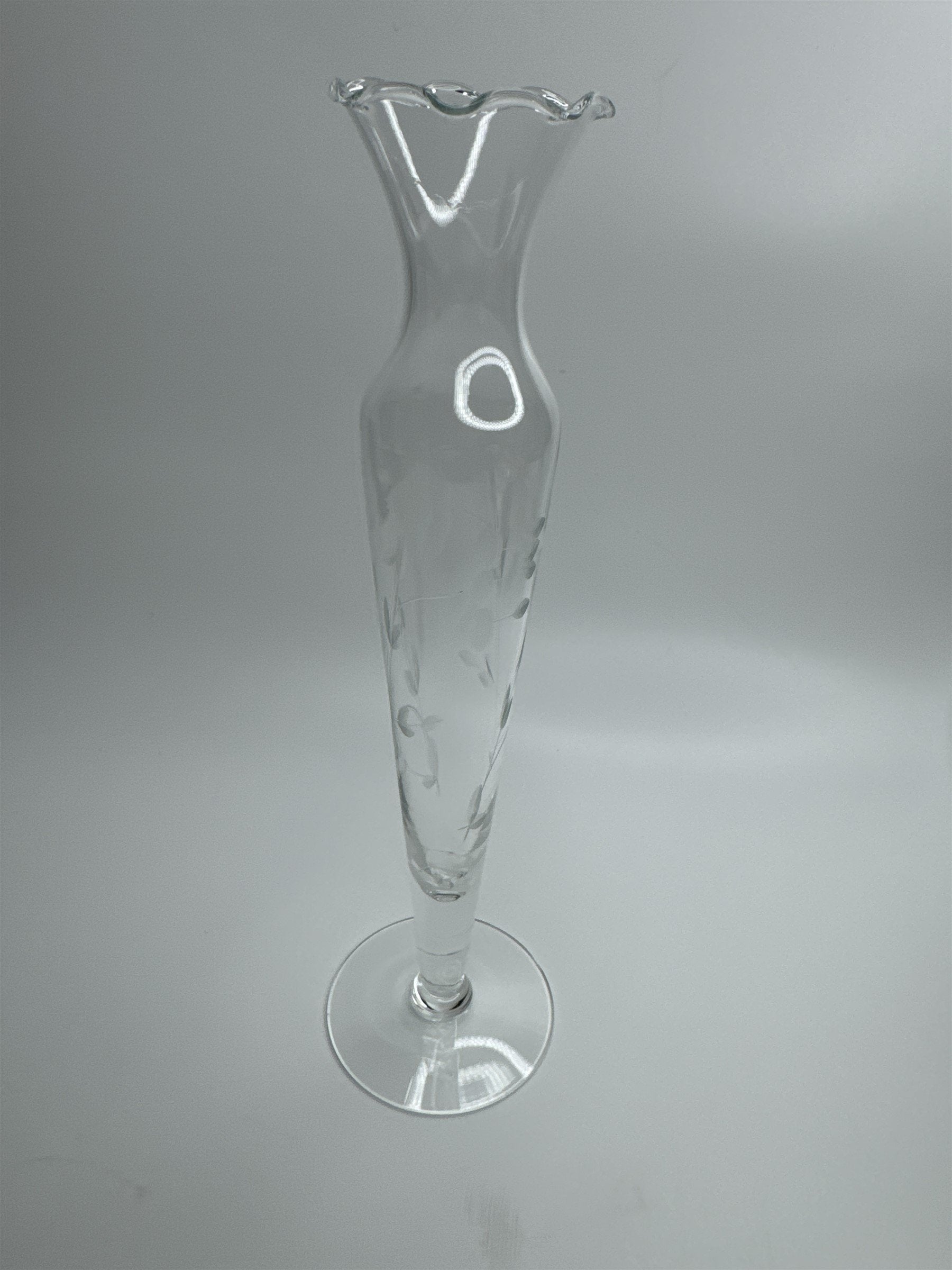 Clear Glass Etched Floral Pattern Footed Glass Bud Vase 10" Tall