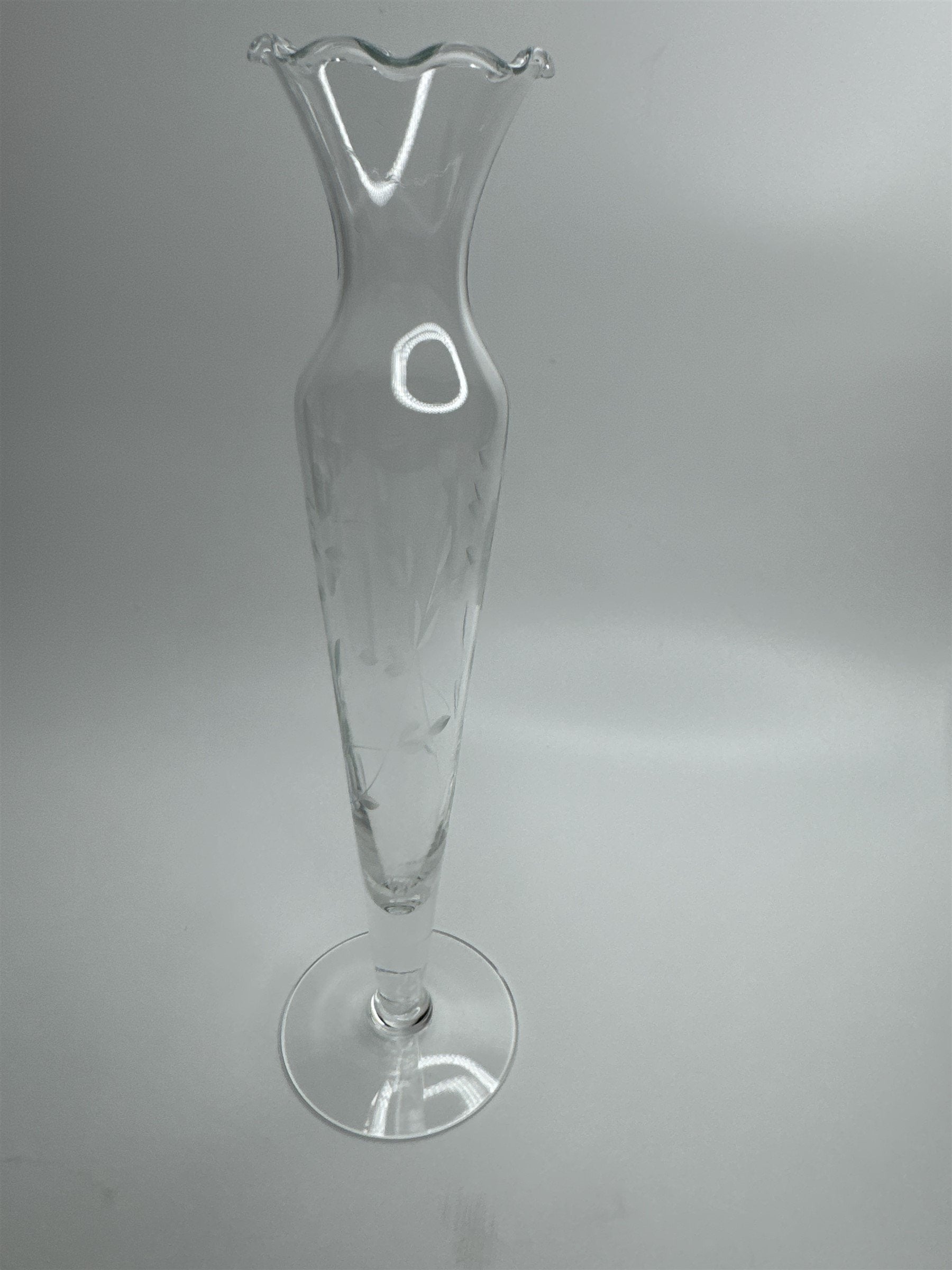 Clear Glass Etched Floral Pattern Footed Glass Bud Vase 10" Tall