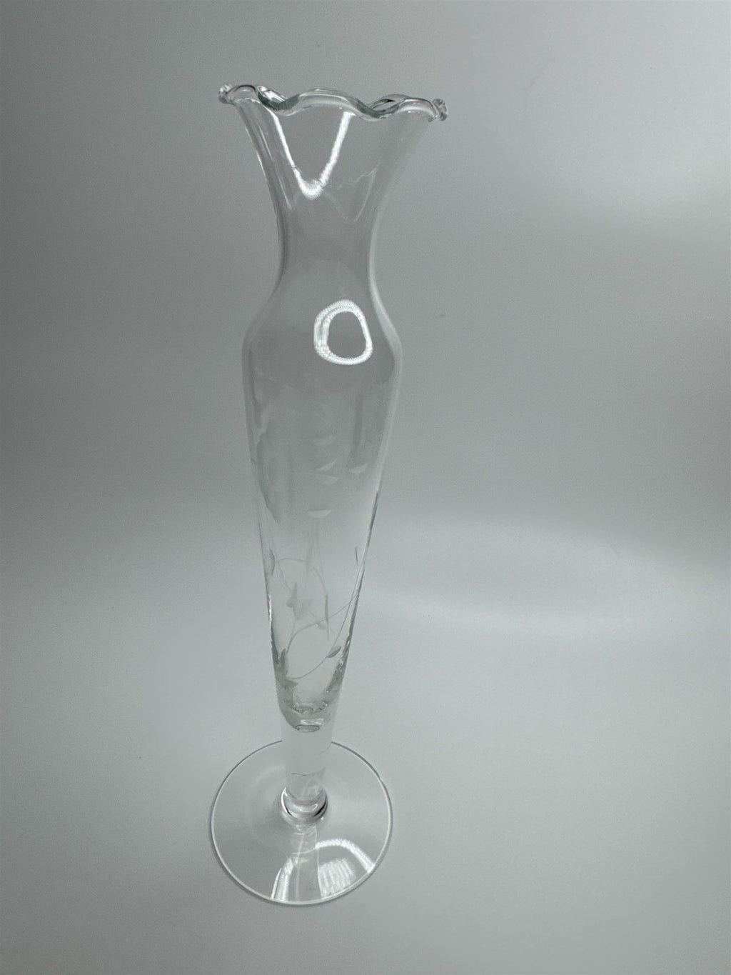 Clear Glass Etched Floral Pattern Footed Glass Bud Vase 10" Tall