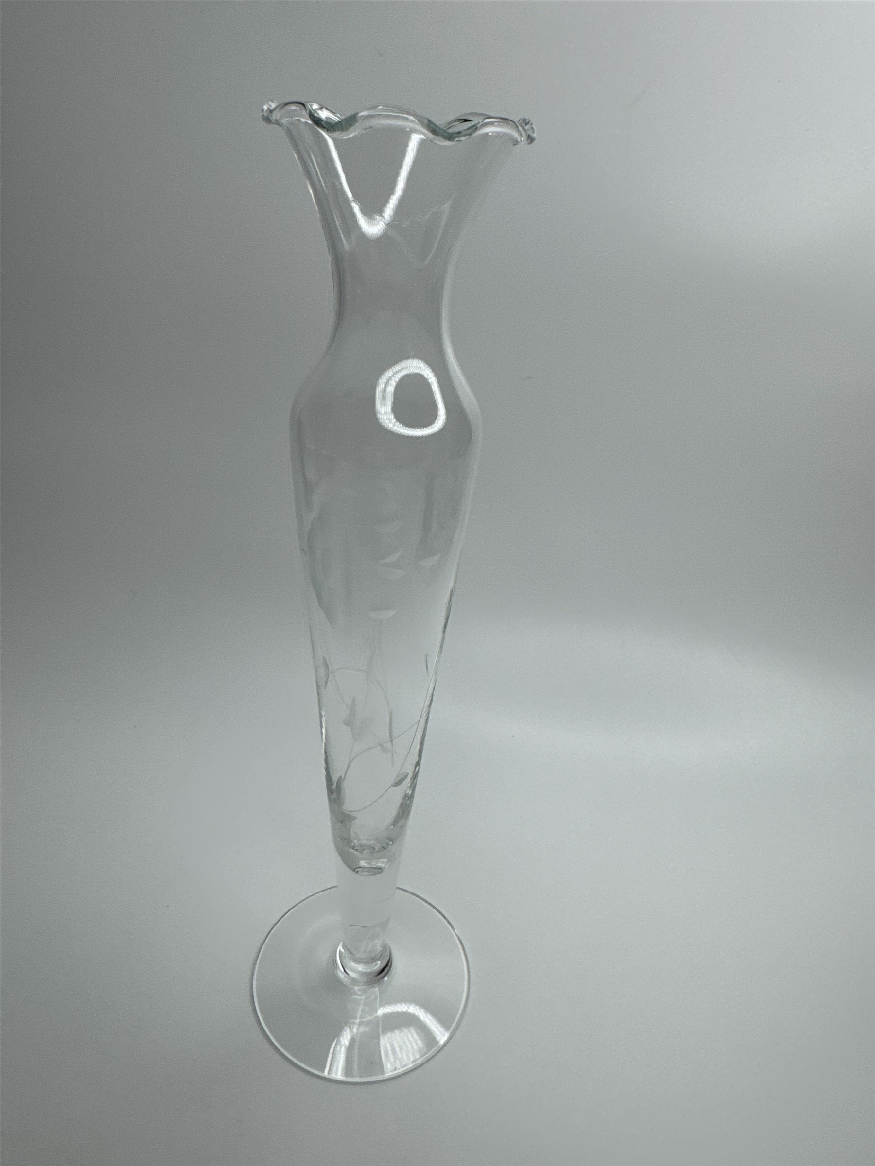 Clear Glass Etched Floral Pattern Footed Glass Bud Vase 10" Tall