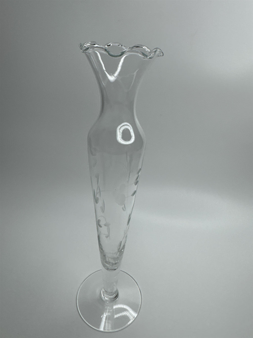 Clear Glass Etched Floral Pattern Footed Glass Bud Vase 10" Tall