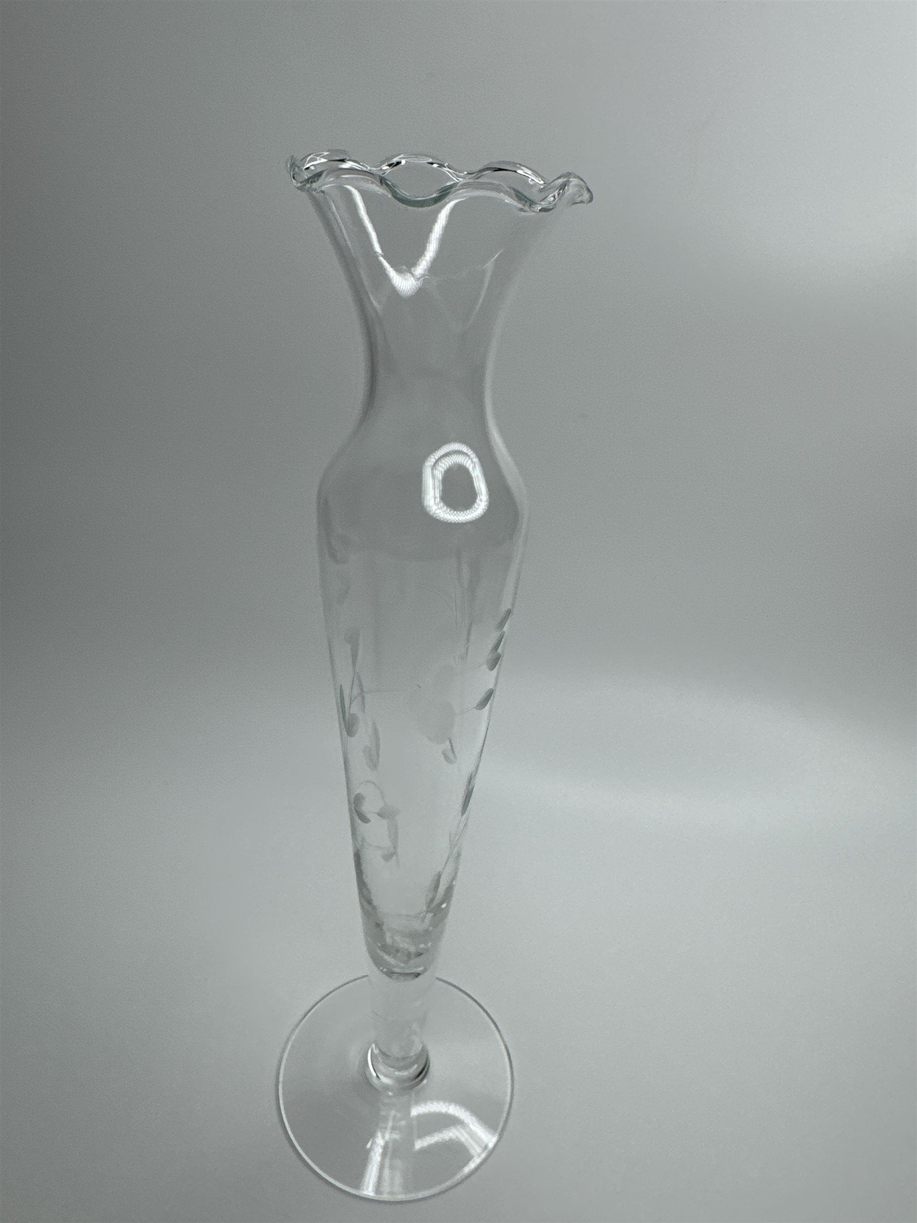 Clear Glass Etched Floral Pattern Footed Glass Bud Vase 10" Tall