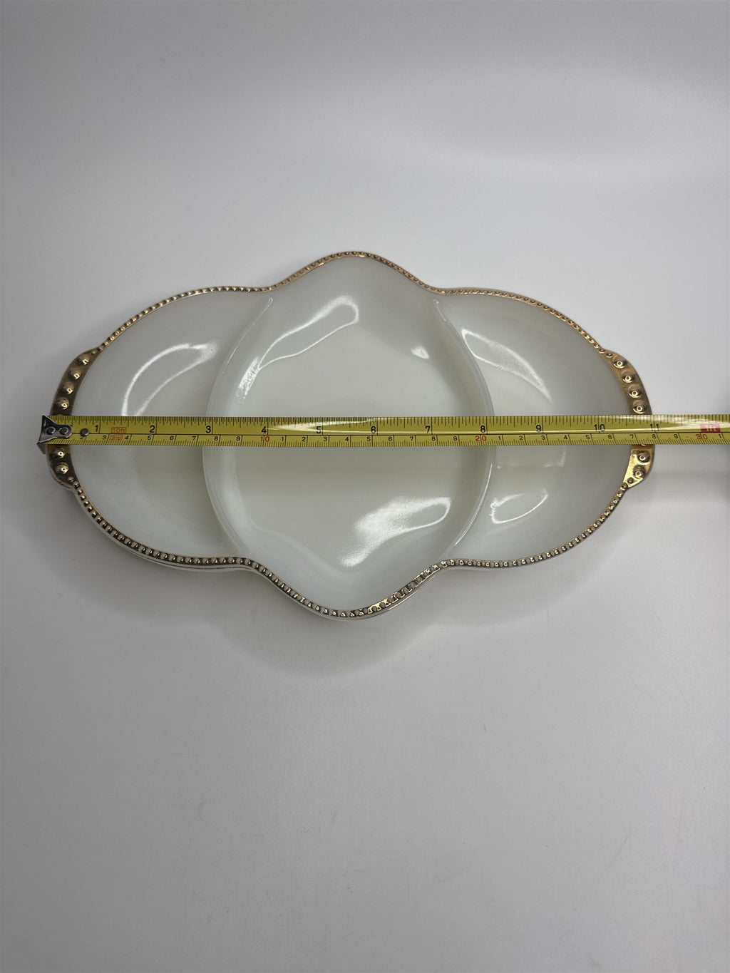 Fire King Oven Ware Divided 3 Section Relish Dish White Milk Glass /w Gold Trim