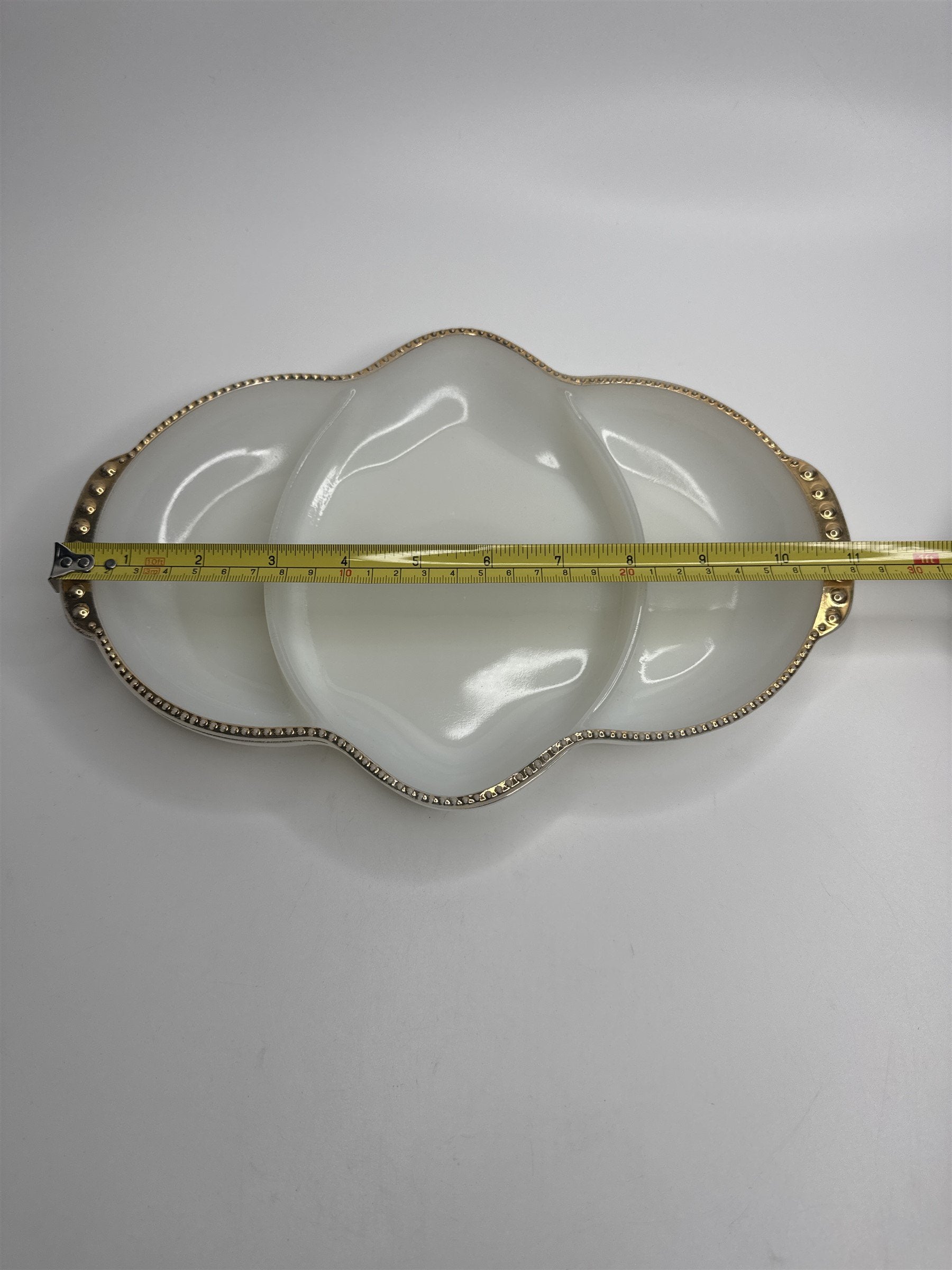 Fire King Oven Ware Divided 3 Section Relish Dish White Milk Glass /w Gold Trim
