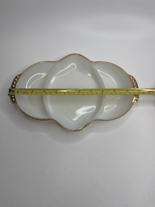 Fire King Oven Ware Divided 3 Section Relish Dish White Milk Glass /w Gold Trim