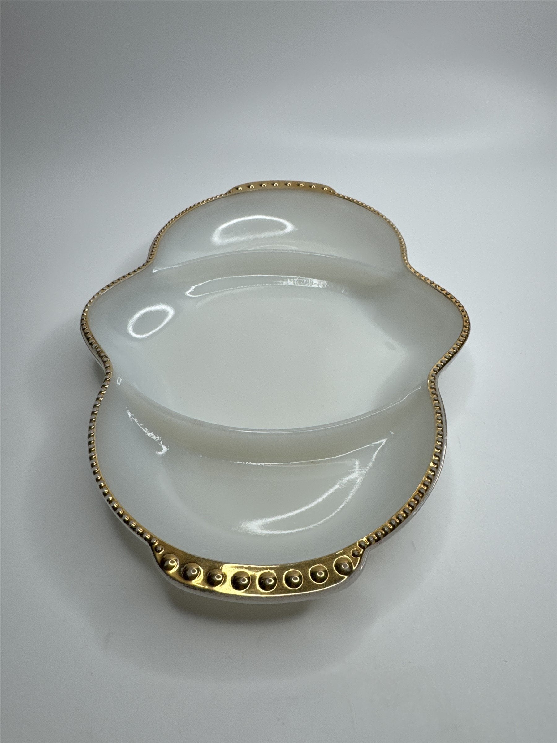 Fire King Oven Ware Divided 3 Section Relish Dish White Milk Glass /w Gold Trim