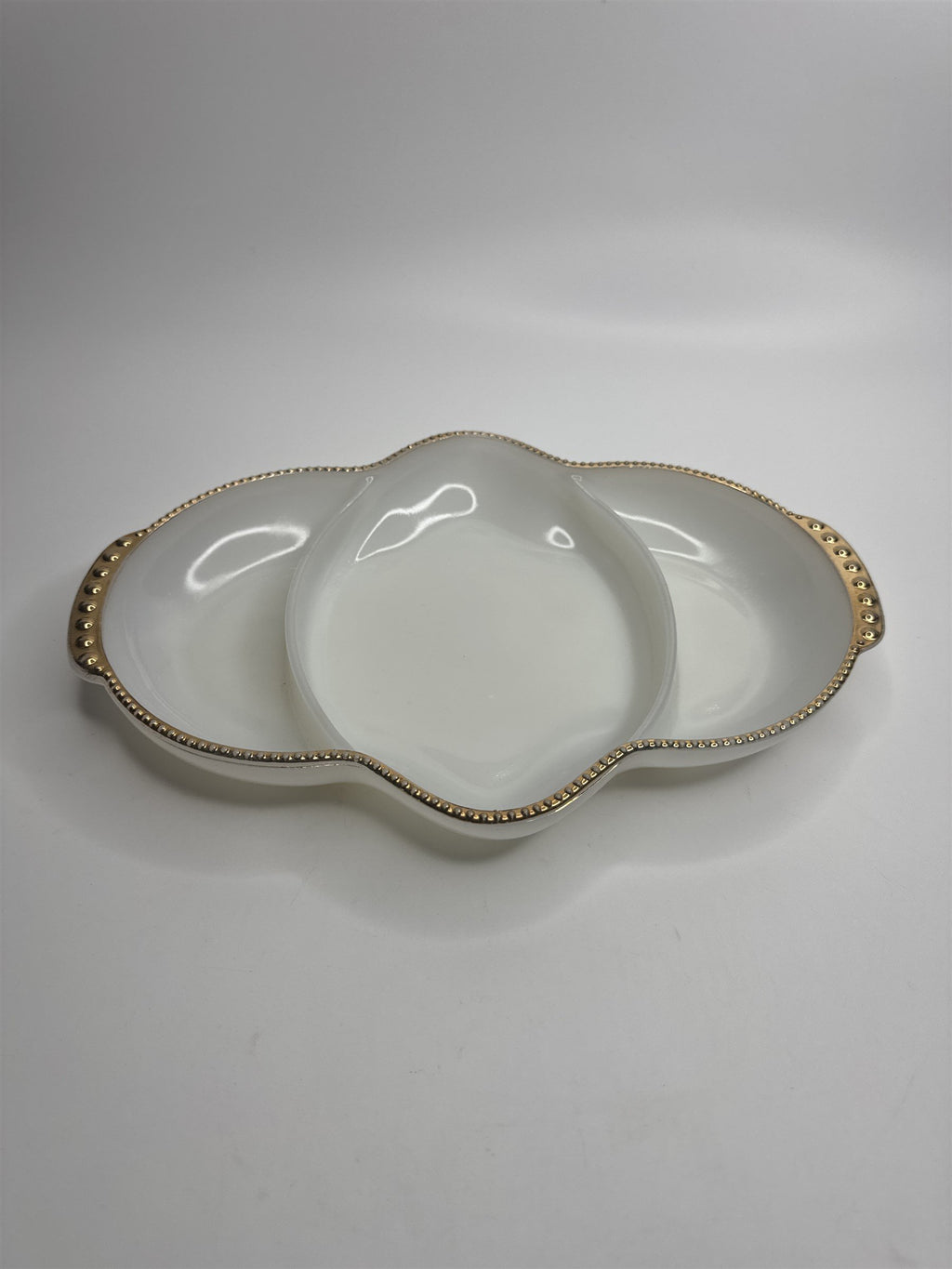 Fire King Oven Ware Divided 3 Section Relish Dish White Milk Glass /w Gold Trim