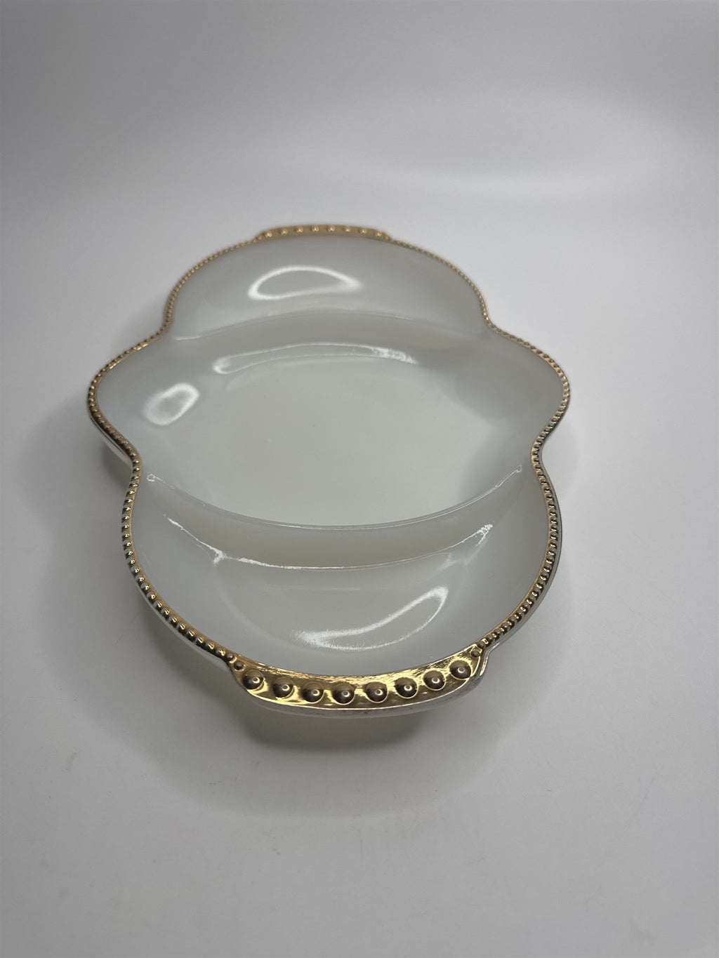 Fire King Oven Ware Divided 3 Section Relish Dish White Milk Glass /w Gold Trim