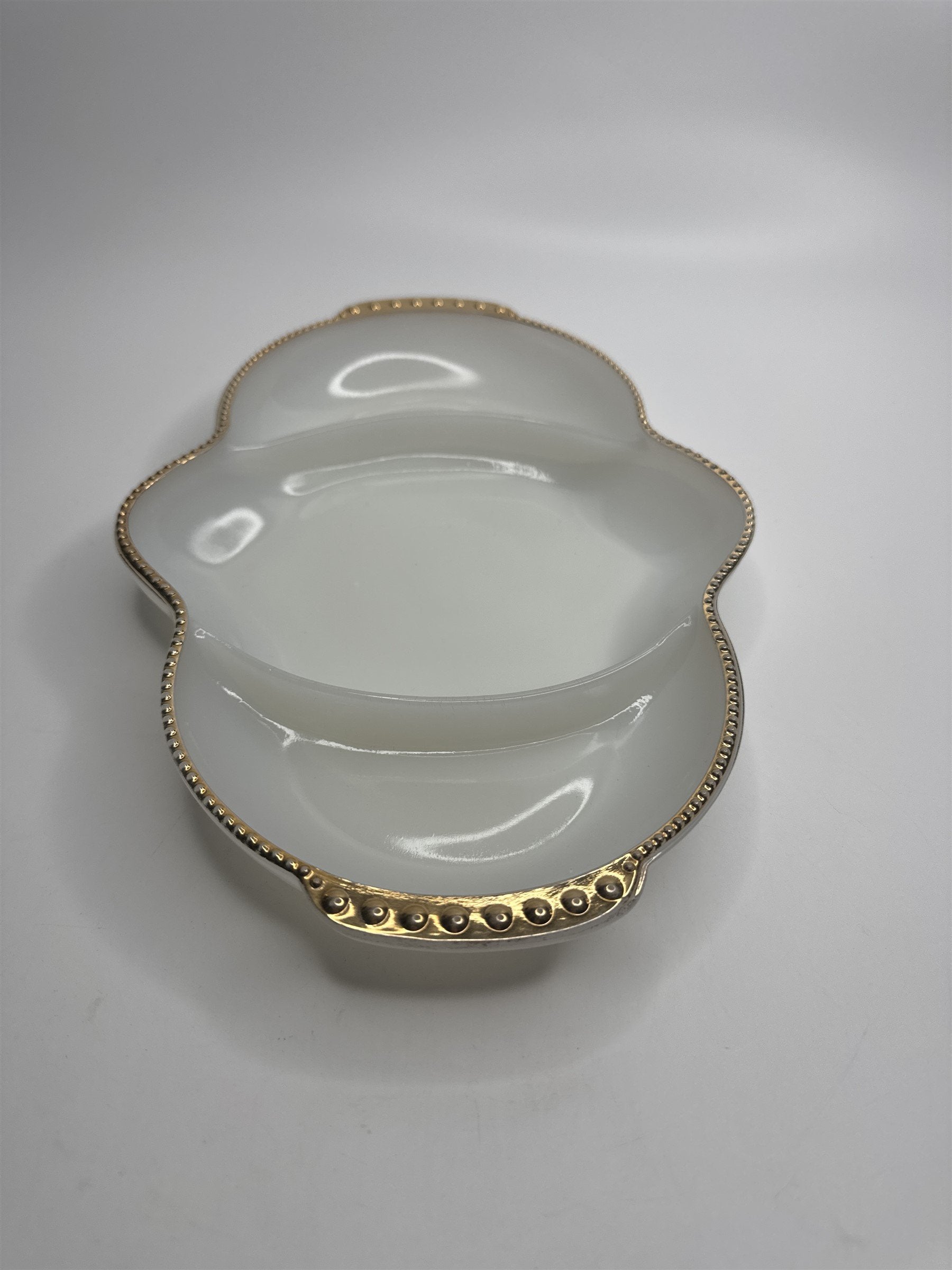 Fire King Oven Ware Divided 3 Section Relish Dish White Milk Glass /w Gold Trim