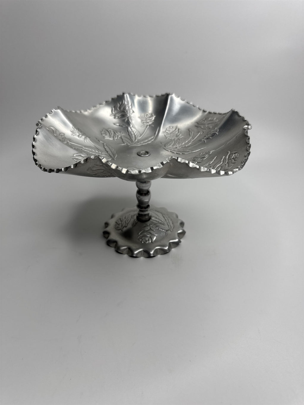 Vintage Arber Shlevin Hand Wrought Aluminum Rose Pattern Footed Candy Dish