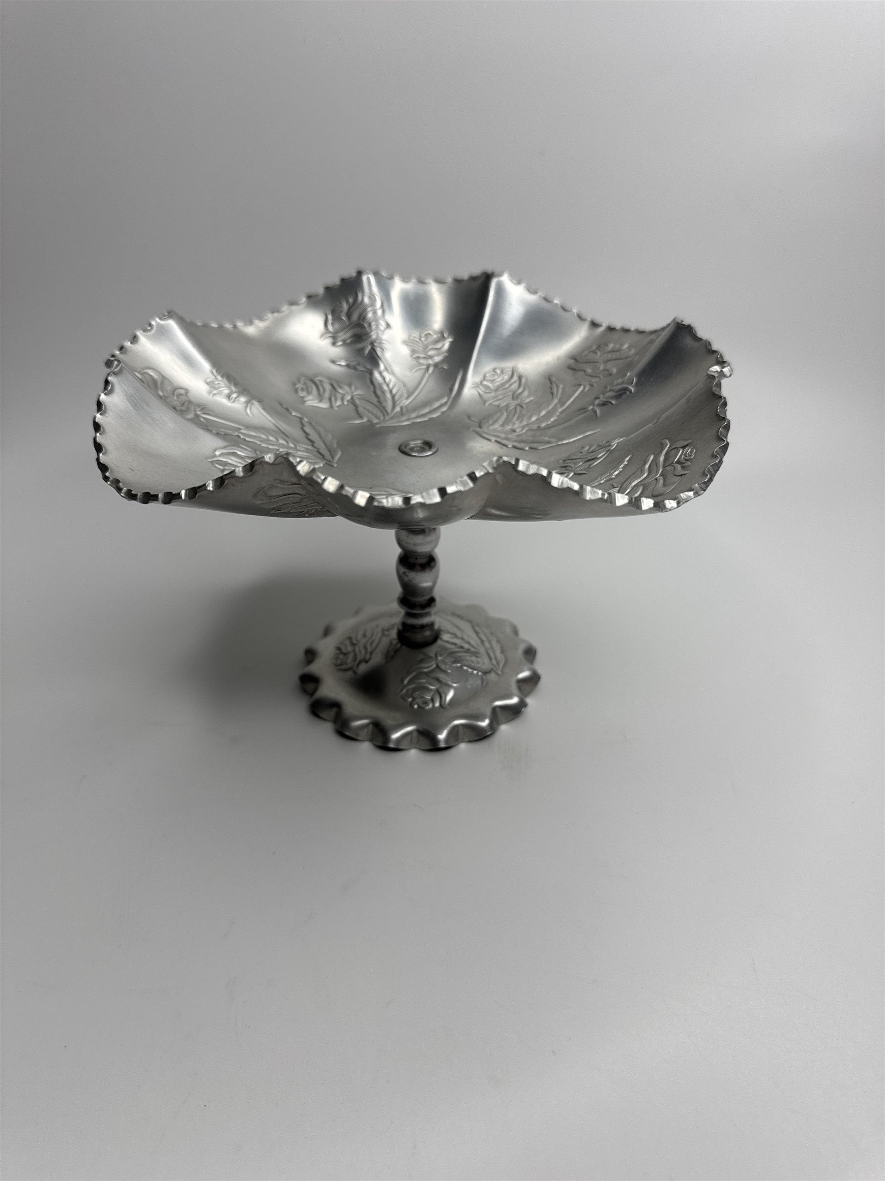 Vintage Arber Shlevin Hand Wrought Aluminum Rose Pattern Footed Candy Dish