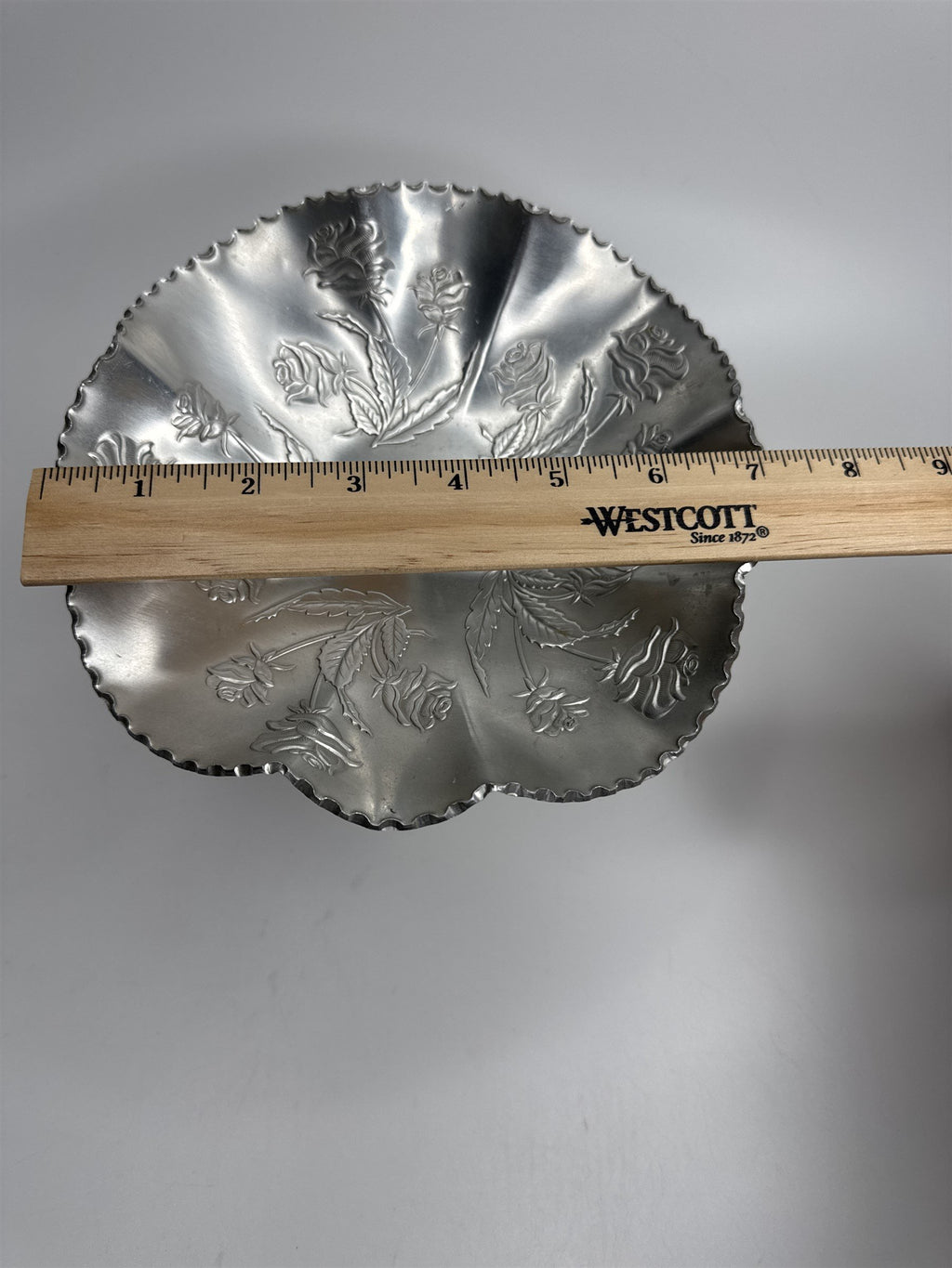 Vintage Arber Shlevin Hand Wrought Aluminum Rose Pattern Footed Candy Dish