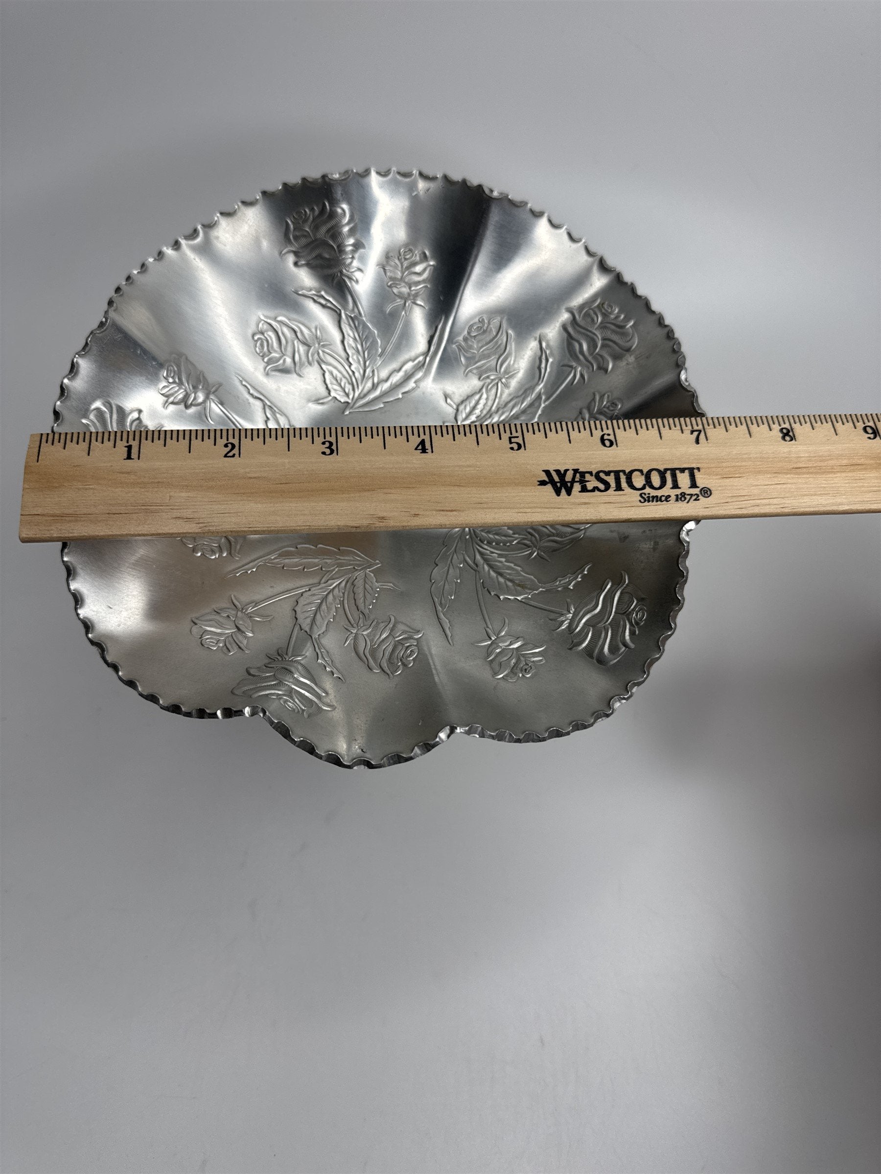 Vintage Arber Shlevin Hand Wrought Aluminum Rose Pattern Footed Candy Dish