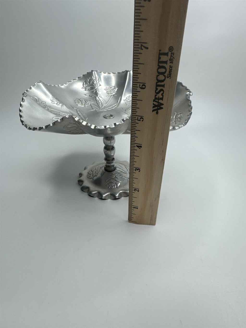 Vintage Arber Shlevin Hand Wrought Aluminum Rose Pattern Footed Candy Dish