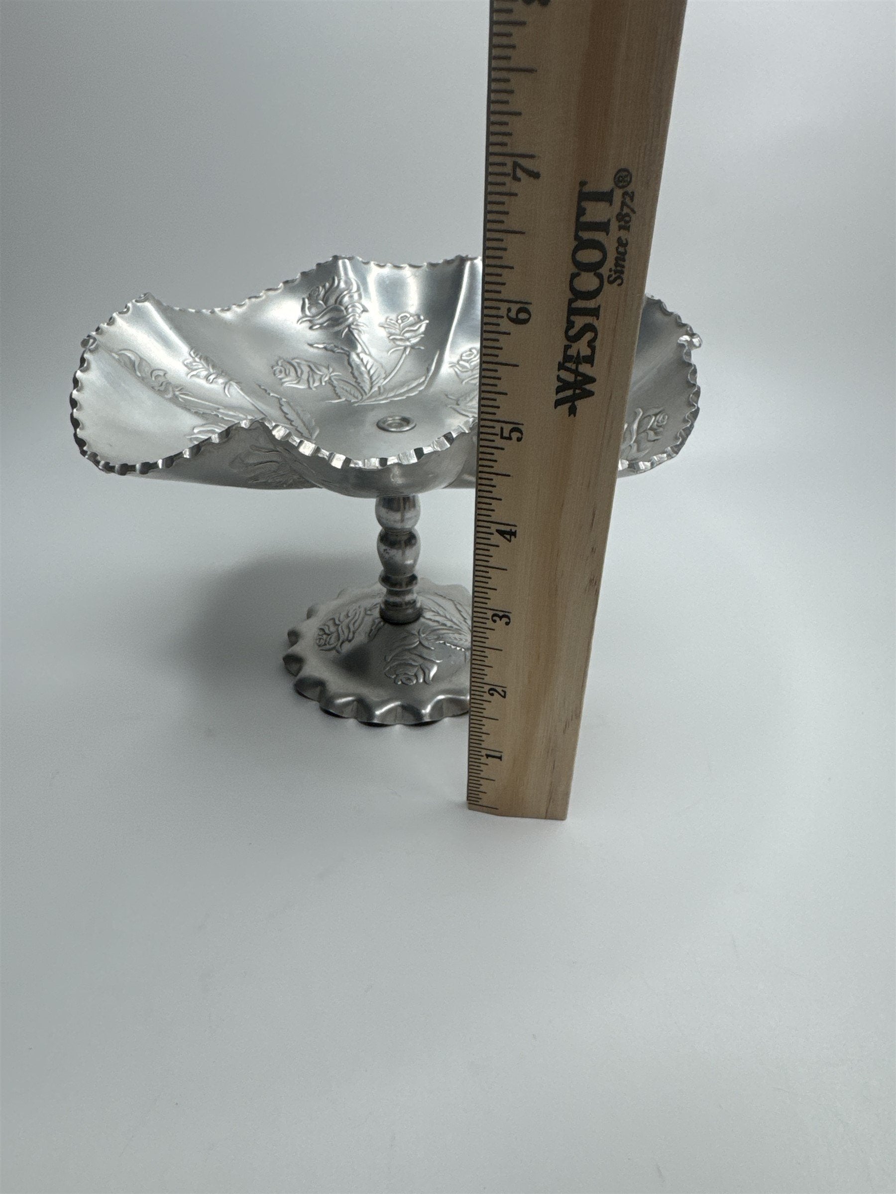 Vintage Arber Shlevin Hand Wrought Aluminum Rose Pattern Footed Candy Dish