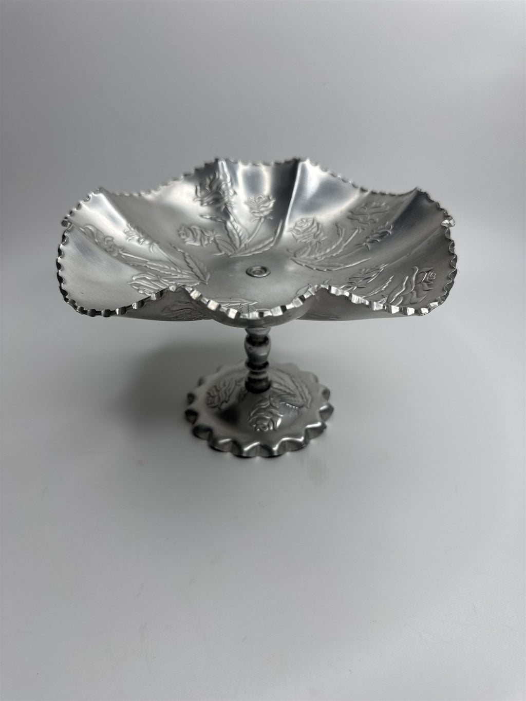 Vintage Arber Shlevin Hand Wrought Aluminum Rose Pattern Footed Candy Dish