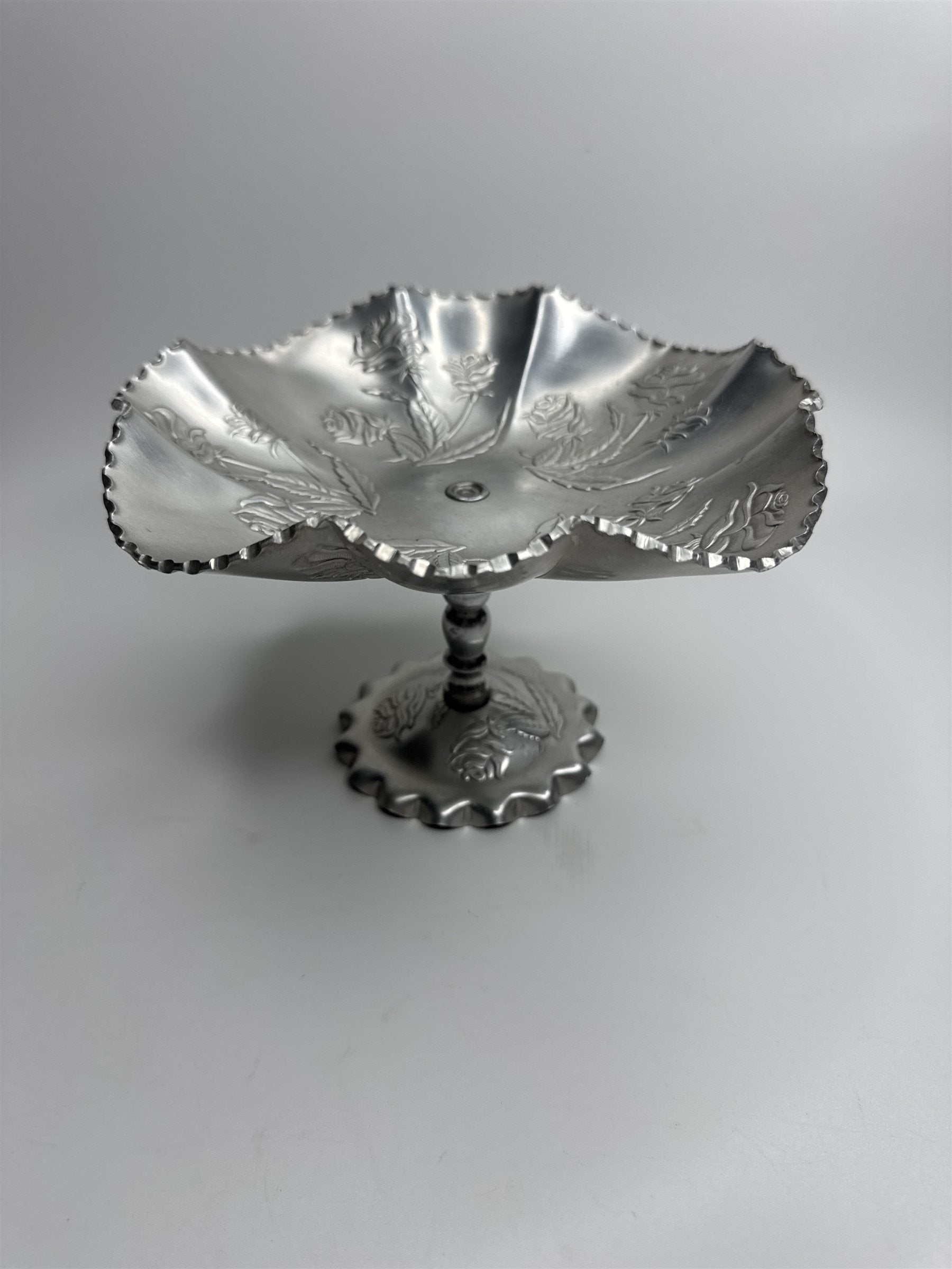 Vintage Arber Shlevin Hand Wrought Aluminum Rose Pattern Footed Candy Dish