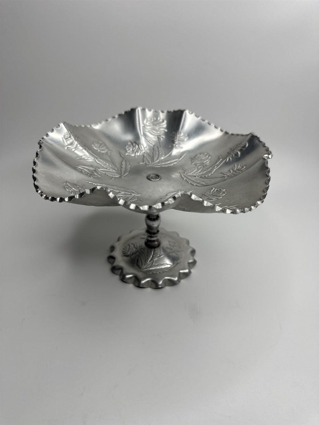 Vintage Arber Shlevin Hand Wrought Aluminum Rose Pattern Footed Candy Dish
