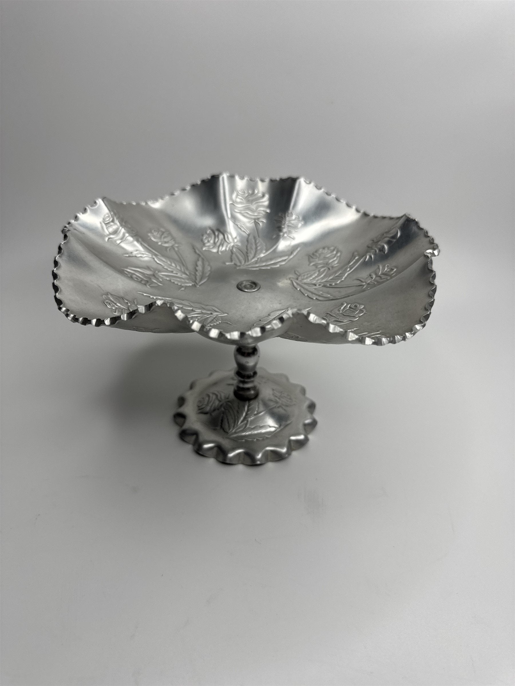 Vintage Arber Shlevin Hand Wrought Aluminum Rose Pattern Footed Candy Dish