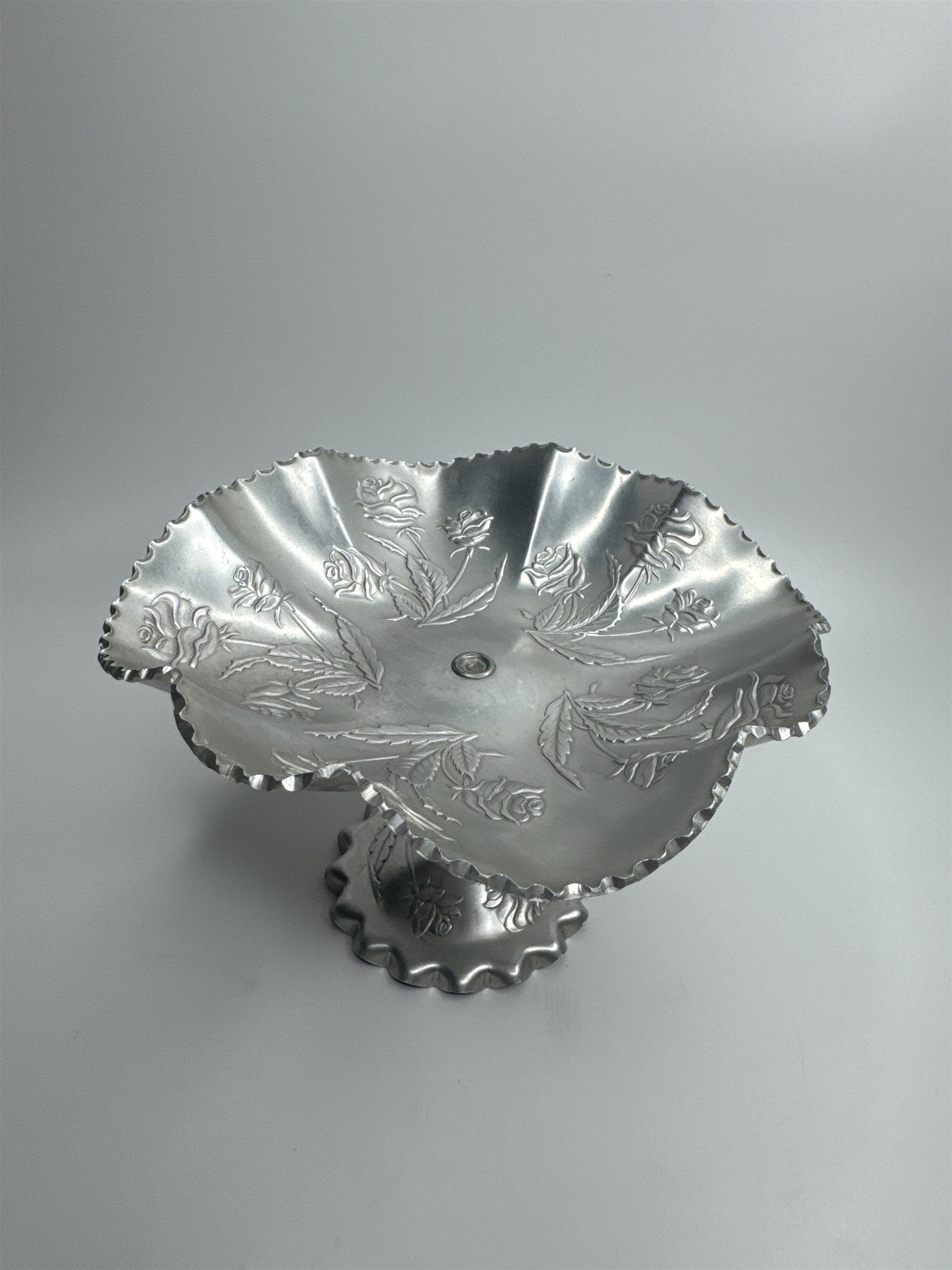 Vintage Arber Shlevin Hand Wrought Aluminum Rose Pattern Footed Candy Dish