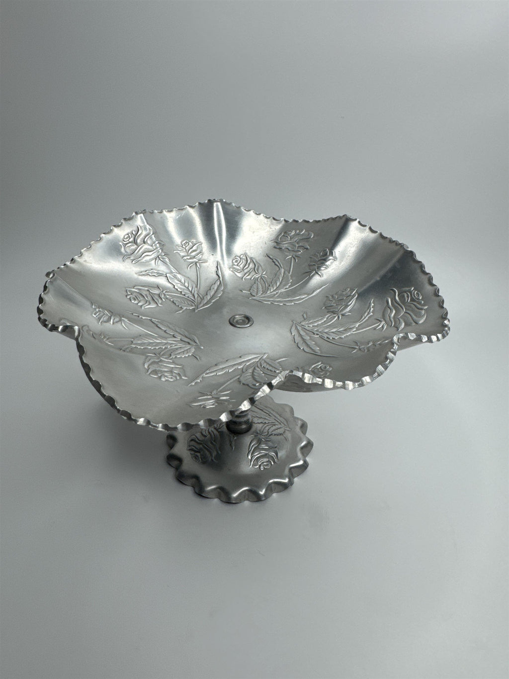 Vintage Arber Shlevin Hand Wrought Aluminum Rose Pattern Footed Candy Dish