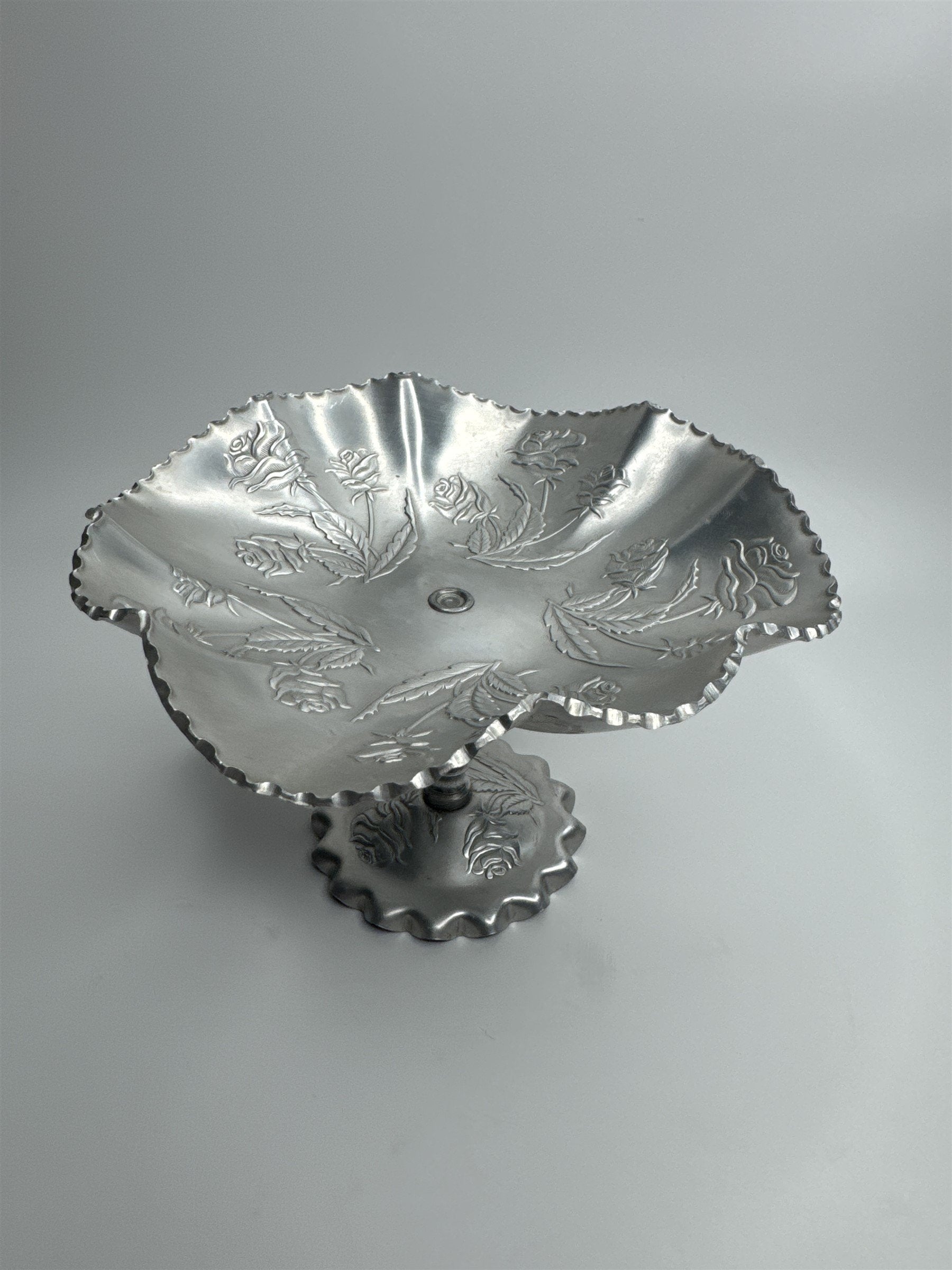 Vintage Arber Shlevin Hand Wrought Aluminum Rose Pattern Footed Candy Dish