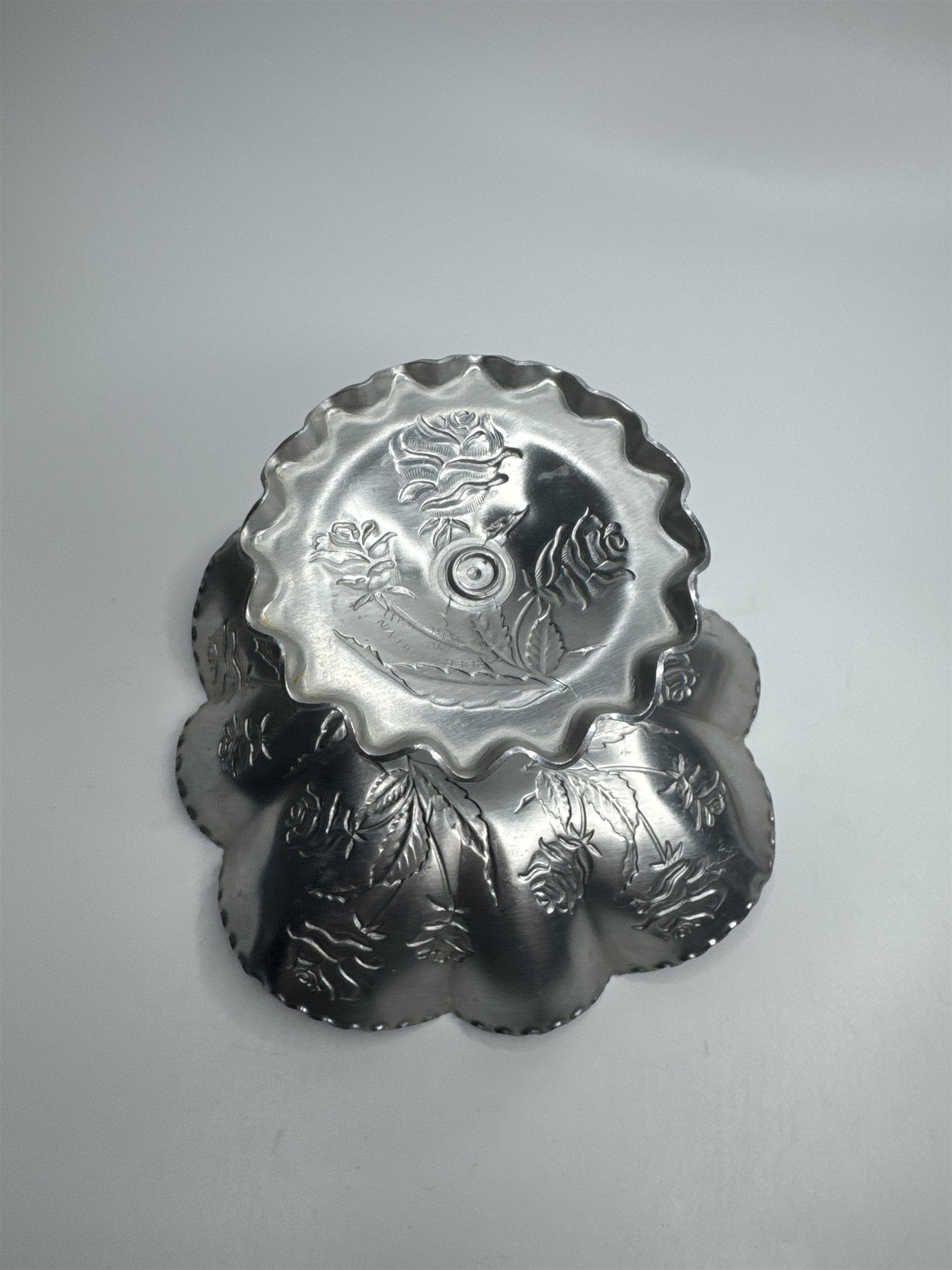 Vintage Arber Shlevin Hand Wrought Aluminum Rose Pattern Footed Candy Dish