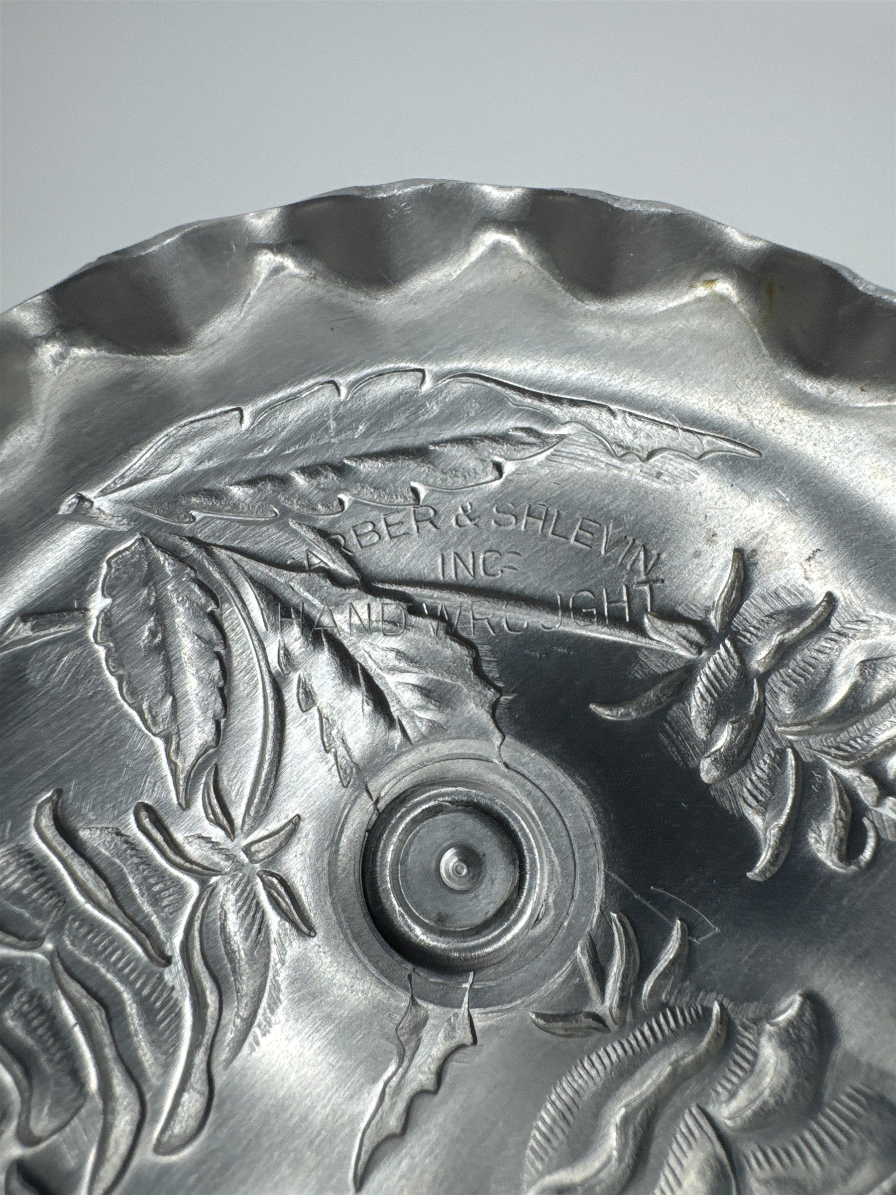 Vintage Arber Shlevin Hand Wrought Aluminum Rose Pattern Footed Candy Dish