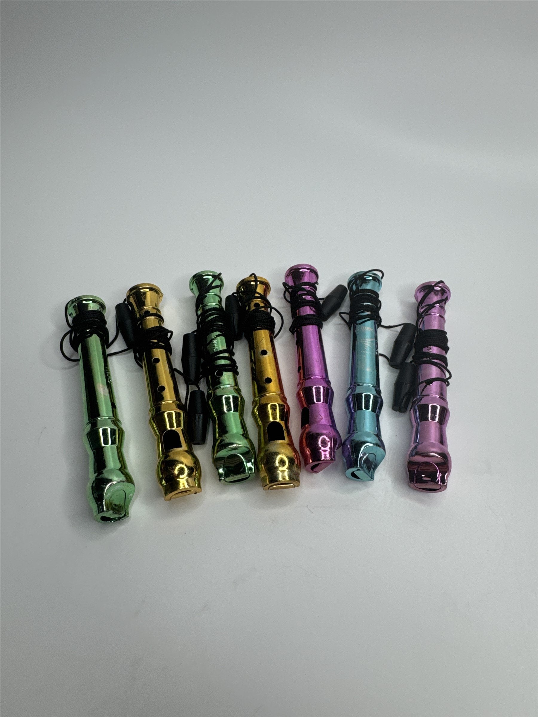 Set of 7 Vintage Hard Plastic Whistles Whistler Recorders /w Lanyards Colorful