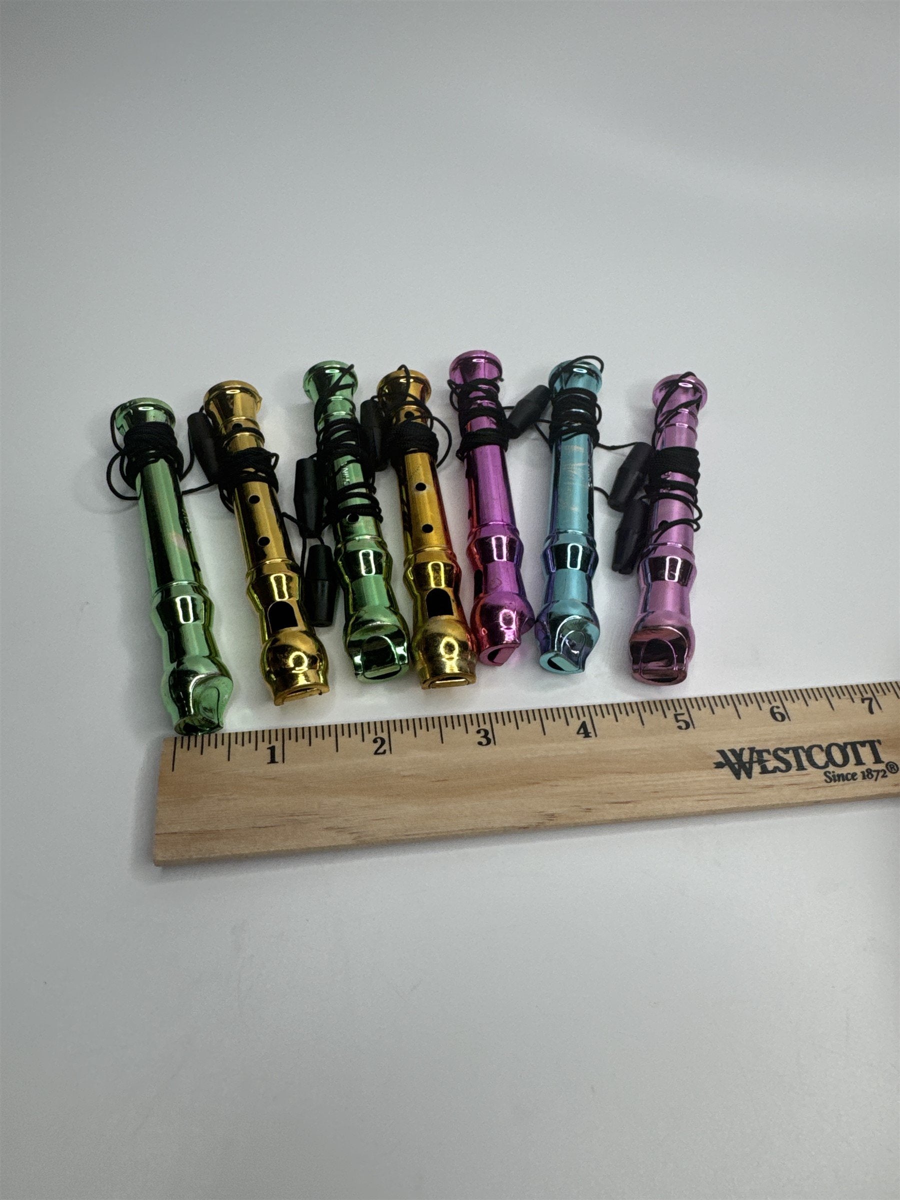 Set of 7 Vintage Hard Plastic Whistles Whistler Recorders /w Lanyards Colorful