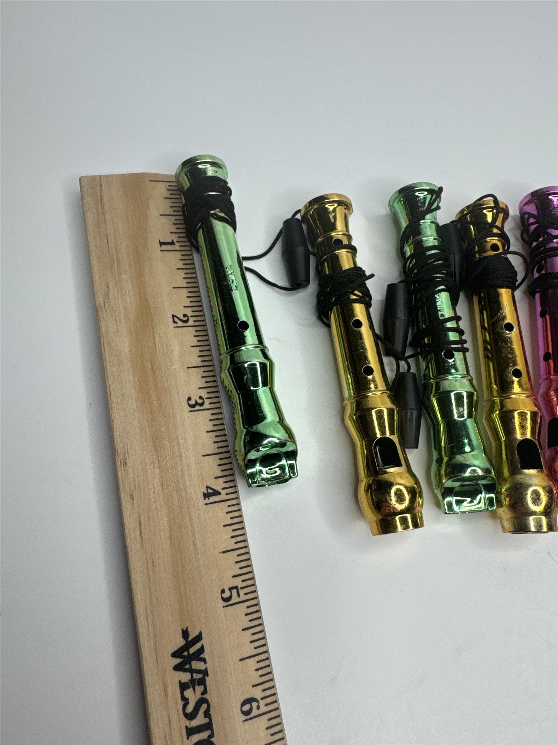 Set of 7 Vintage Hard Plastic Whistles Whistler Recorders /w Lanyards Colorful