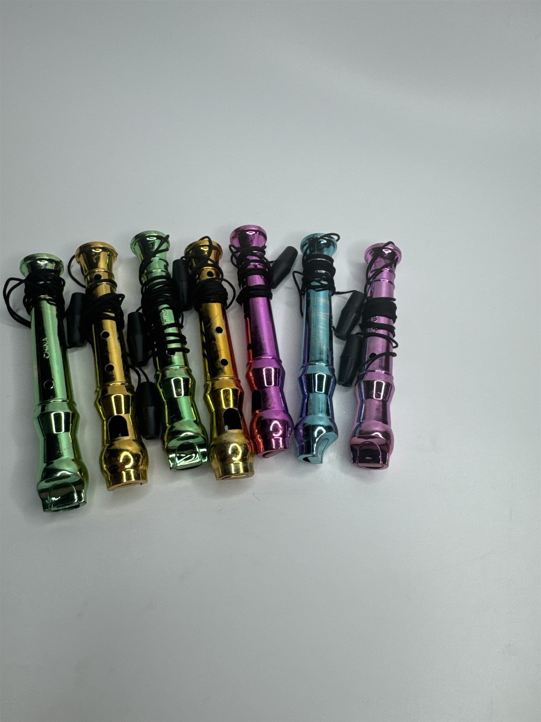Set of 7 Vintage Hard Plastic Whistles Whistler Recorders /w Lanyards Colorful