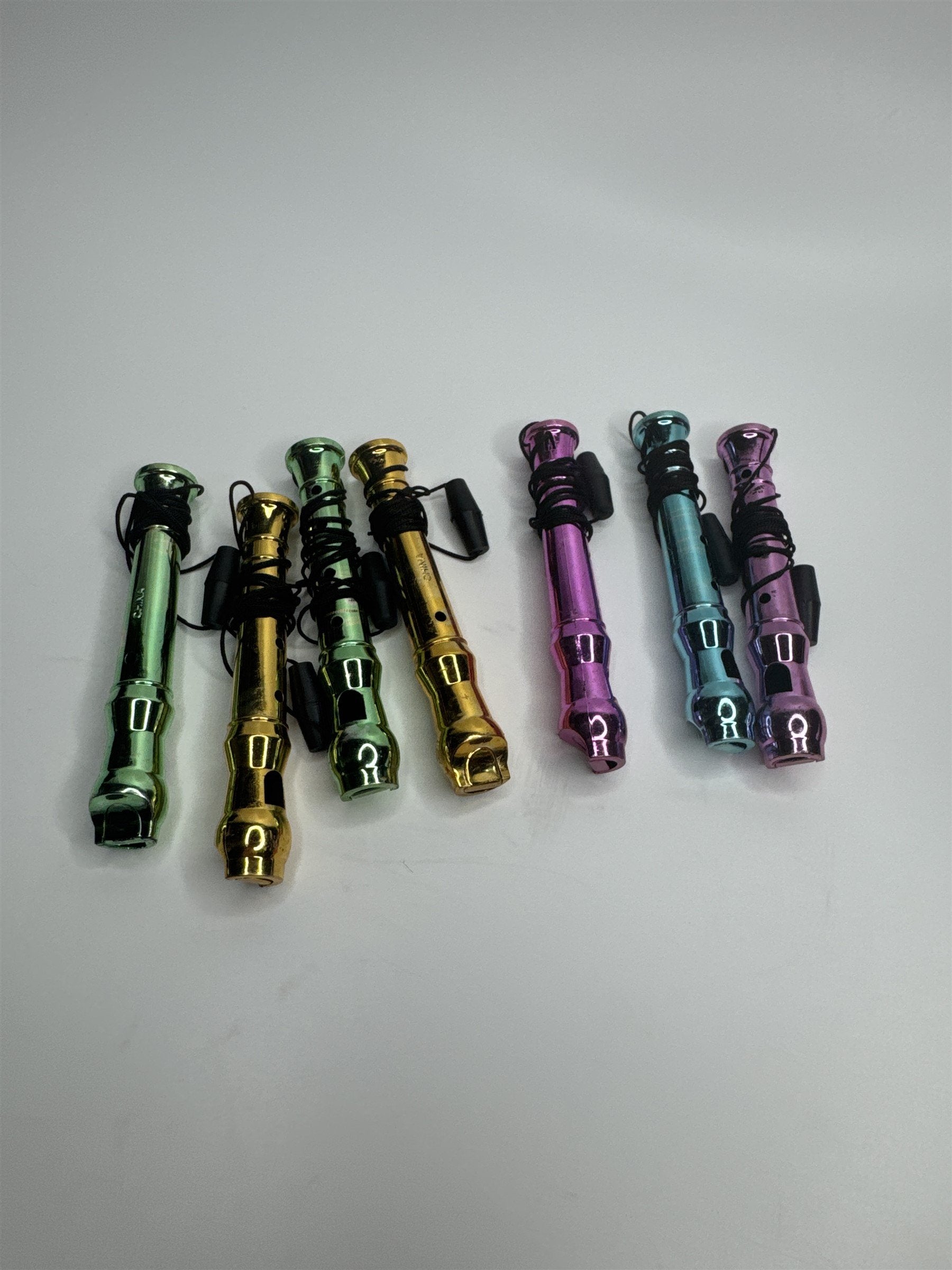 Set of 7 Vintage Hard Plastic Whistles Whistler Recorders /w Lanyards Colorful
