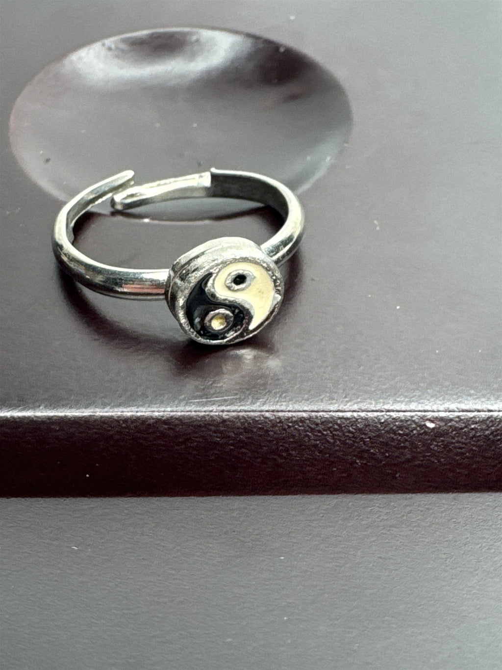 Vintage Black and White Yin and Yang Enamel Silver Toned Ring Resizable US 6