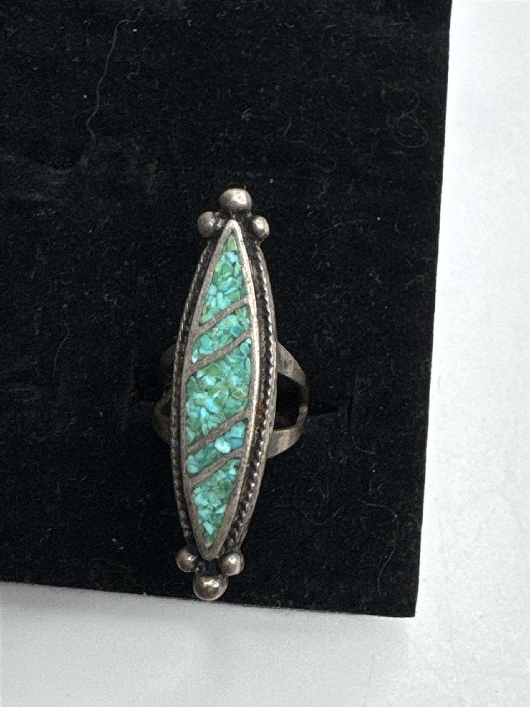 Vtg Long 925 Sterling Silver Turquoise Inlay Native American Ring US 6