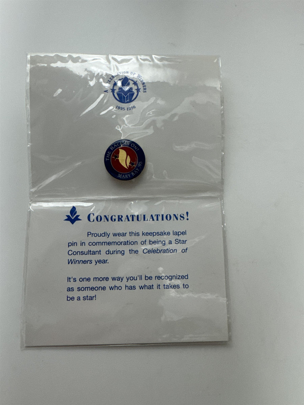 Vintage 1995 Mary Kay Cosmetics The Race Is On Celebration Pin NOS