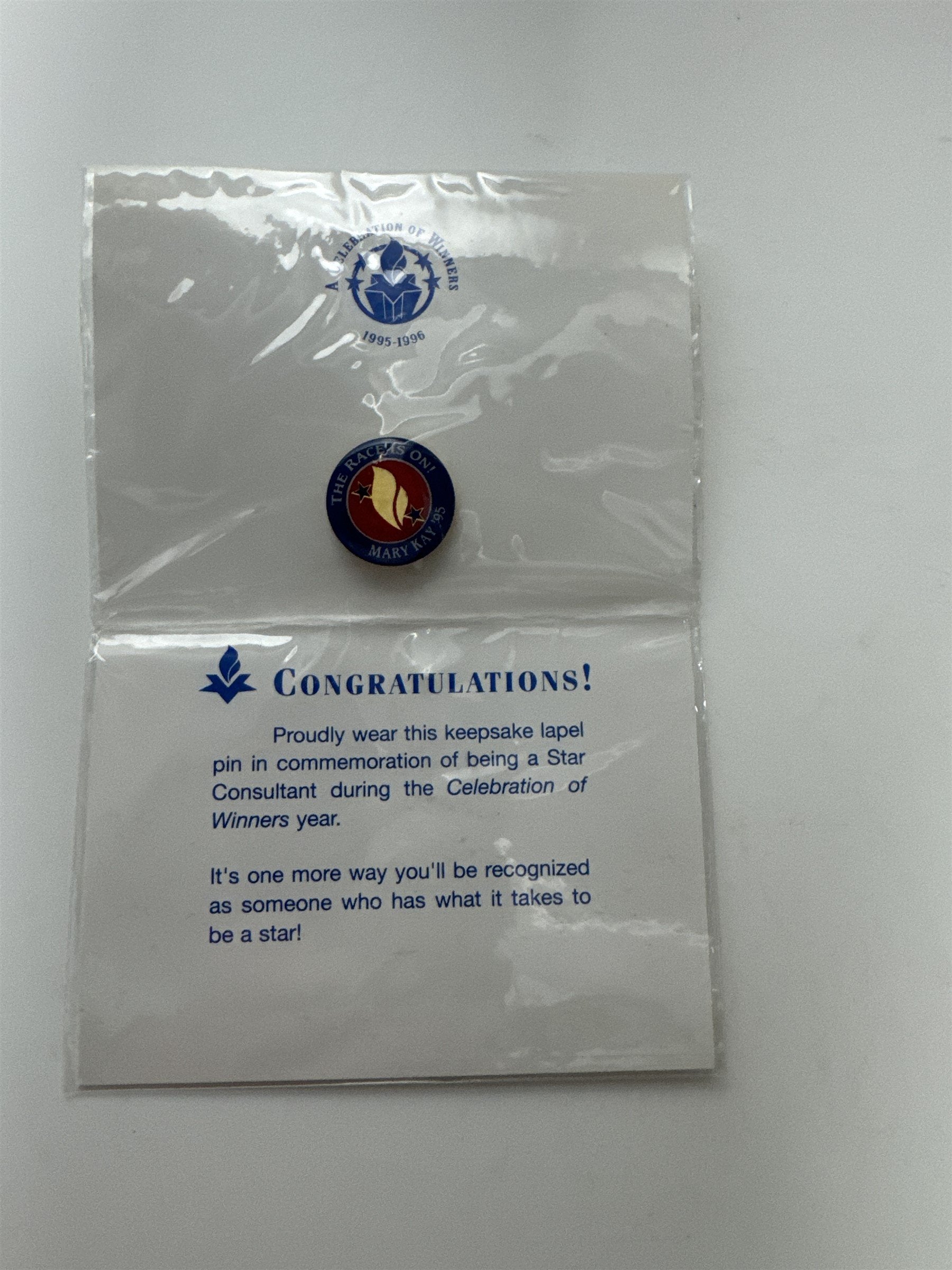Vintage 1995 Mary Kay Cosmetics The Race Is On Celebration Pin NOS