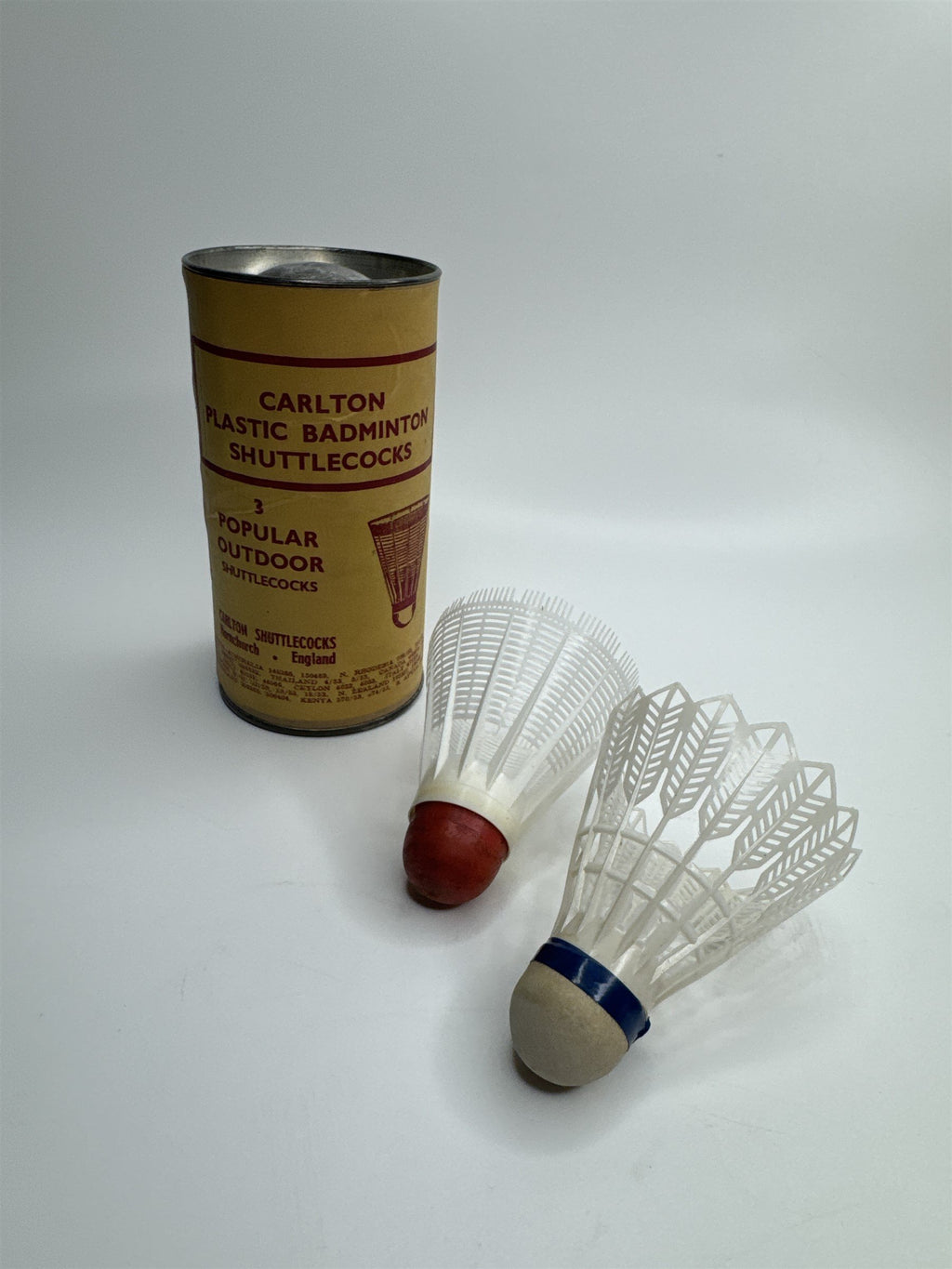 Vintage Set of 2 Carlton Plastic Badminton Shuttlecocks E&L England /w Canister