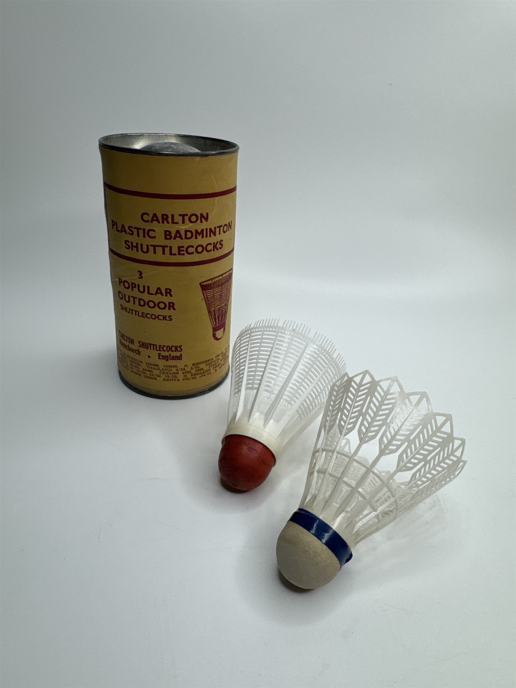 Vintage Set of 2 Carlton Plastic Badminton Shuttlecocks E&L England /w Canister