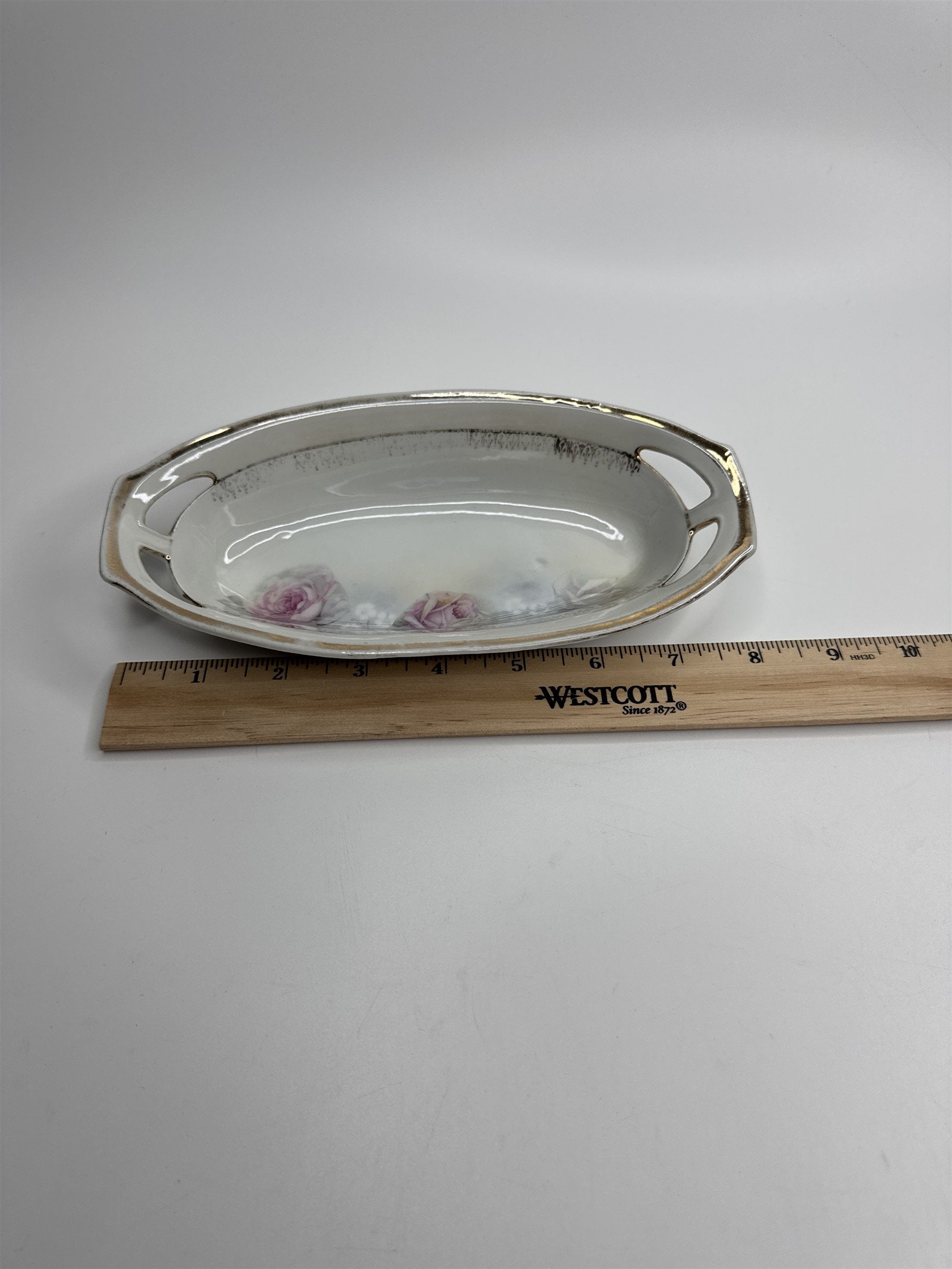 Vintage Germany Pink Rose Flower Floral Butter Dish /w Gold Trim