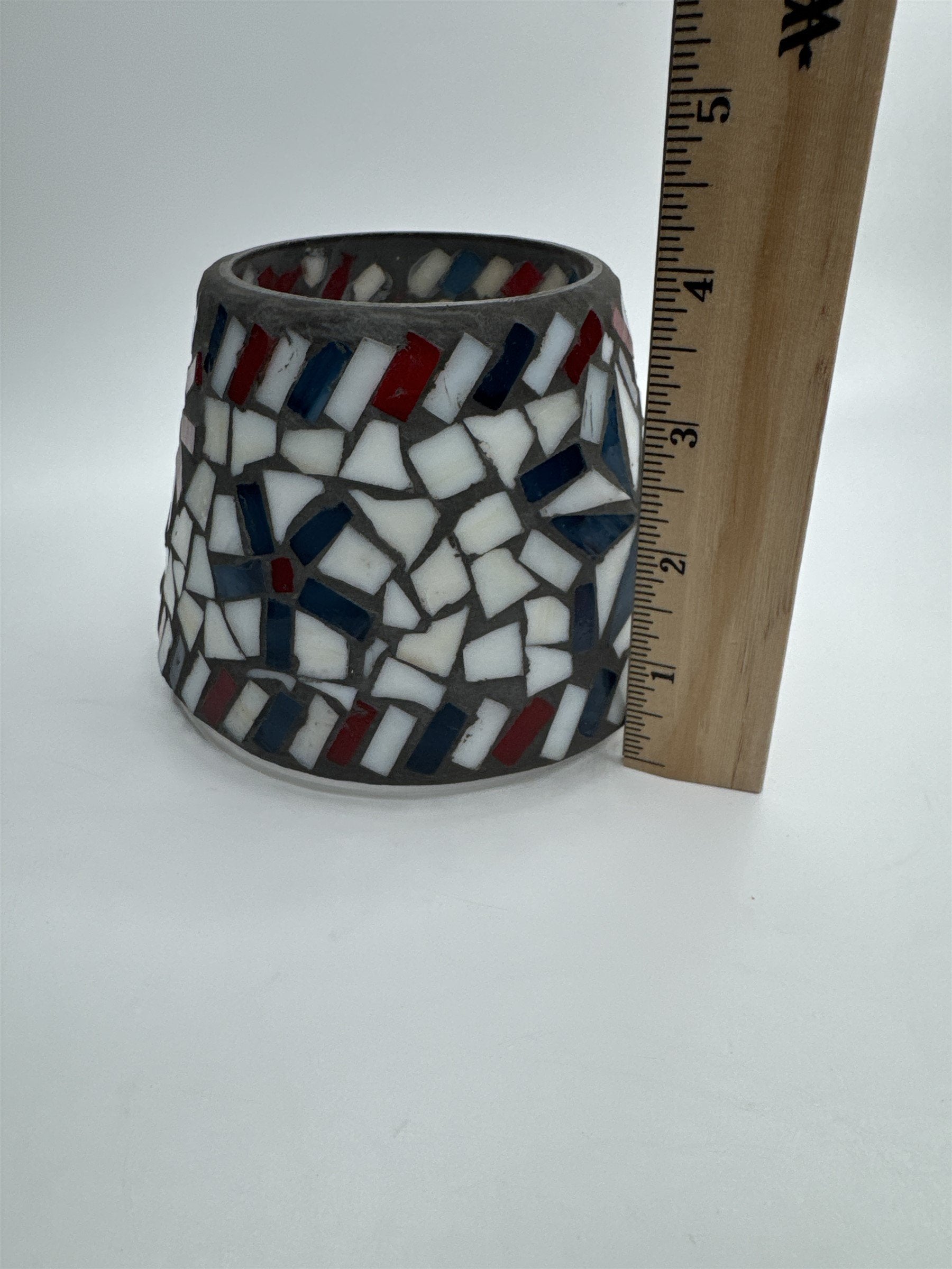 Vintage Home Interiors & Gifts Jar Candle Shade Topper Mosaic Red White Blue