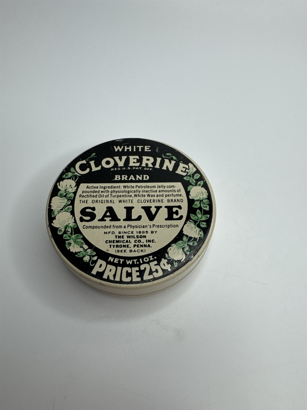 Vintage Empty White Cloverine Brand Salve Wilson Chemical Co Inc Tyrone Penna