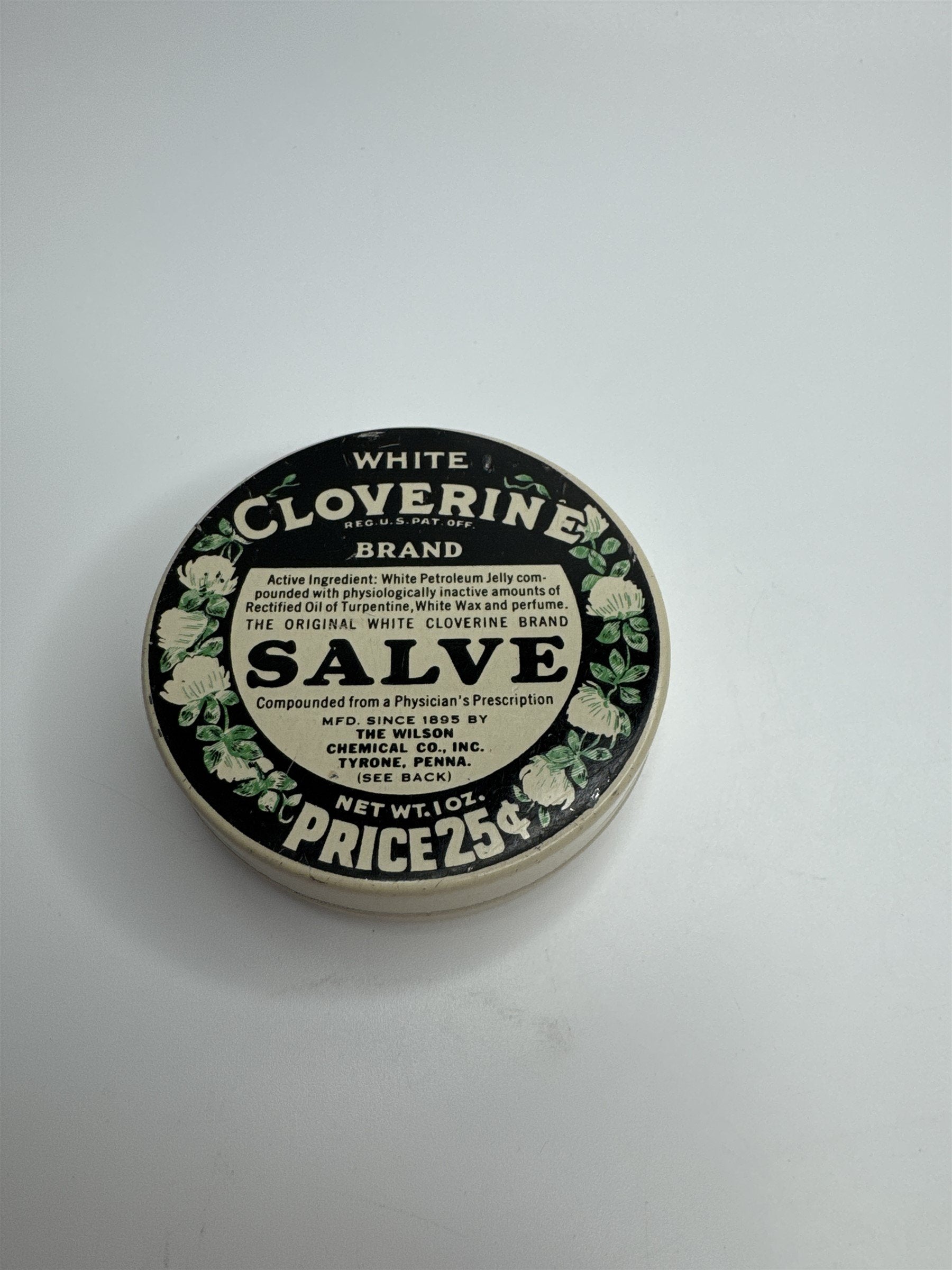 Vintage Empty White Cloverine Brand Salve Wilson Chemical Co Inc Tyrone Penna