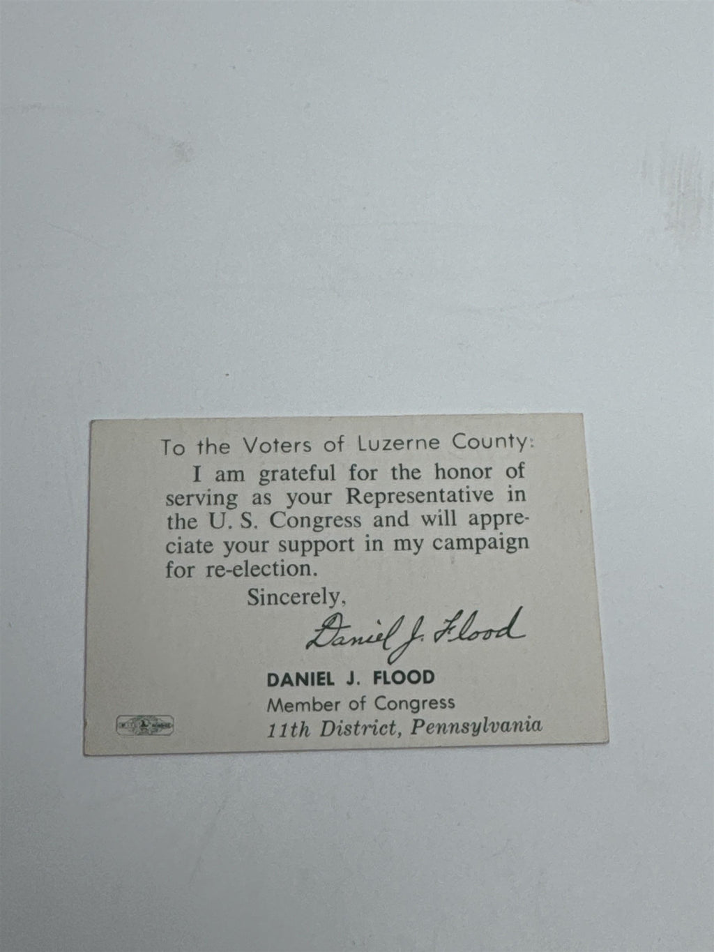 Pennsylvania Press Luzerne County 11th District Congressman Daniel J. Flood Card